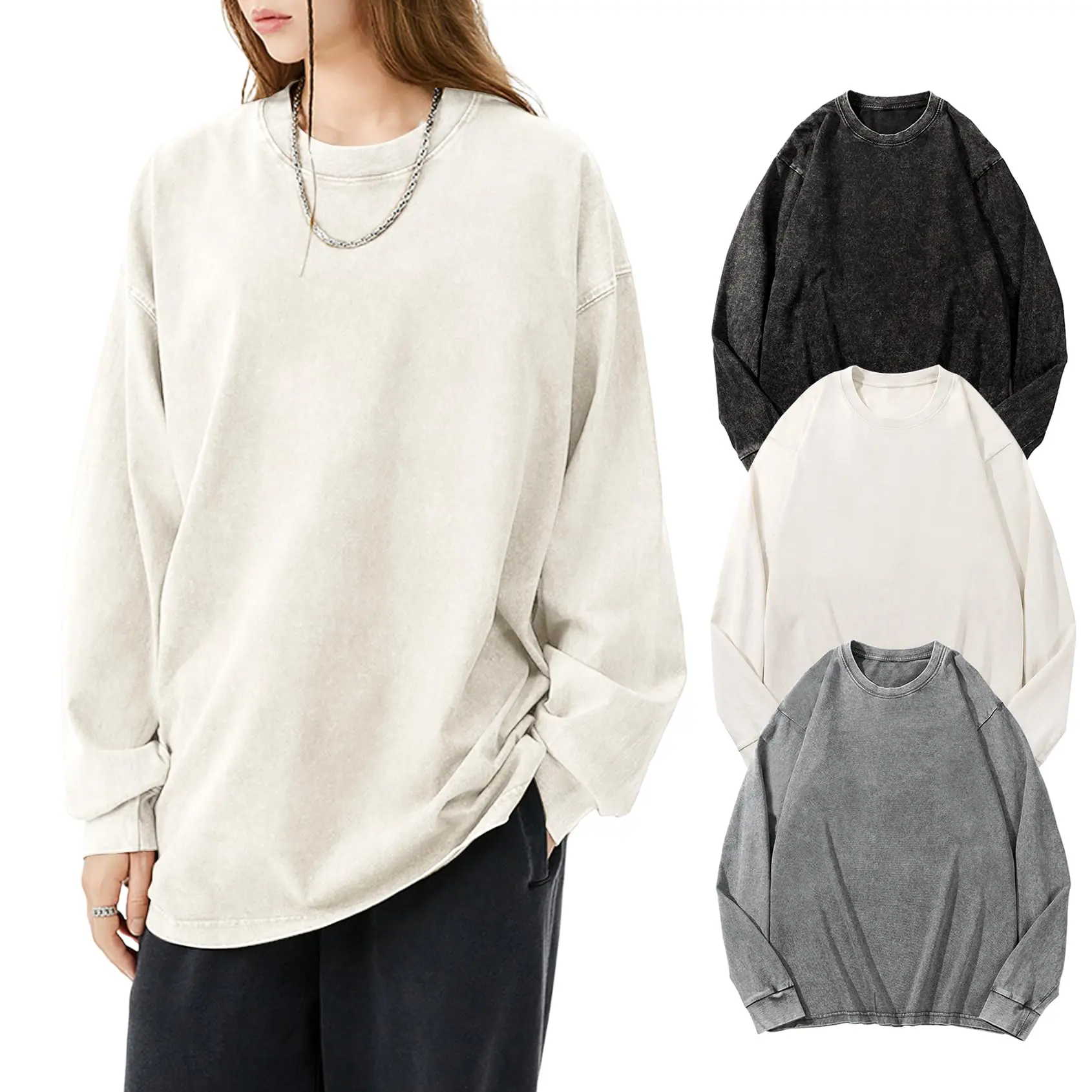 Unisex Long-Sleeve Acid-Wash Cotton T-Shirt