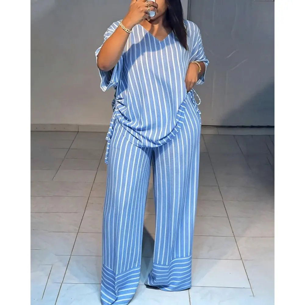 Summer new striped loose fashion casual women's V-neck thin and drape wide-leg pants suit