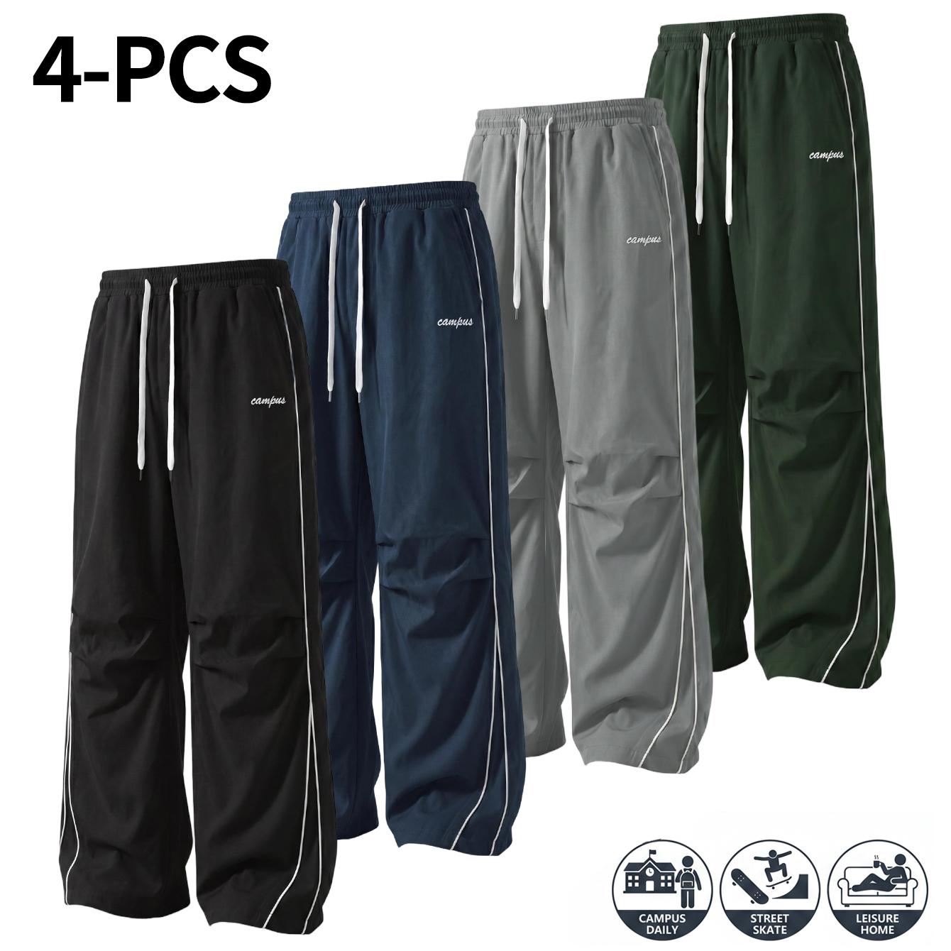 4-Pack American High Street Style Men&rsquo;s Athletic Joggers &ndash; Comfortable, skin-friendly fabric men&rsquo;s wide-leg pants featuring side seams and exposed stitching, plus knee pleats for a relaxed, effortless look; suitable for both men and women and ideal for an