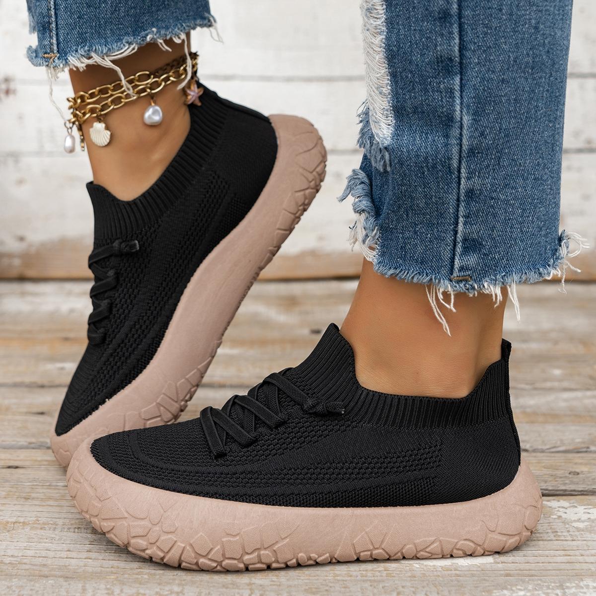 Women's Flyknit Breathable Slip-On Casual Rubber Shoes, Thick-Sole Anti-Slip Walking Flats, Multi-Color Options for Spring Footwear