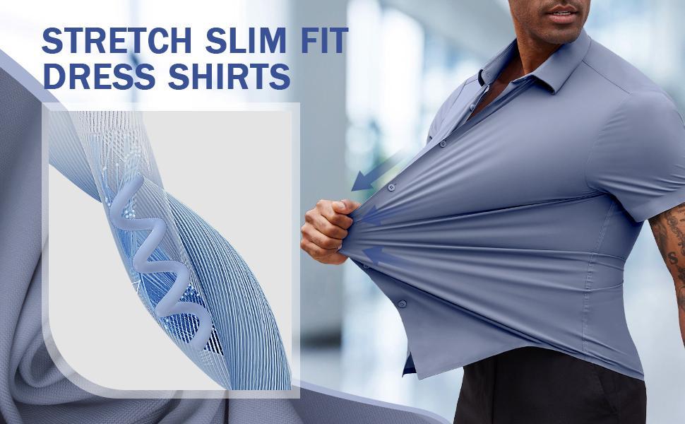 2-Pack AMZPURE Men's Stretch Slim Muscle Fit Short Sleeve Dress Shirts Casual Button-Down Style Perfect Menswear for Dad,back to school,back to school shopping