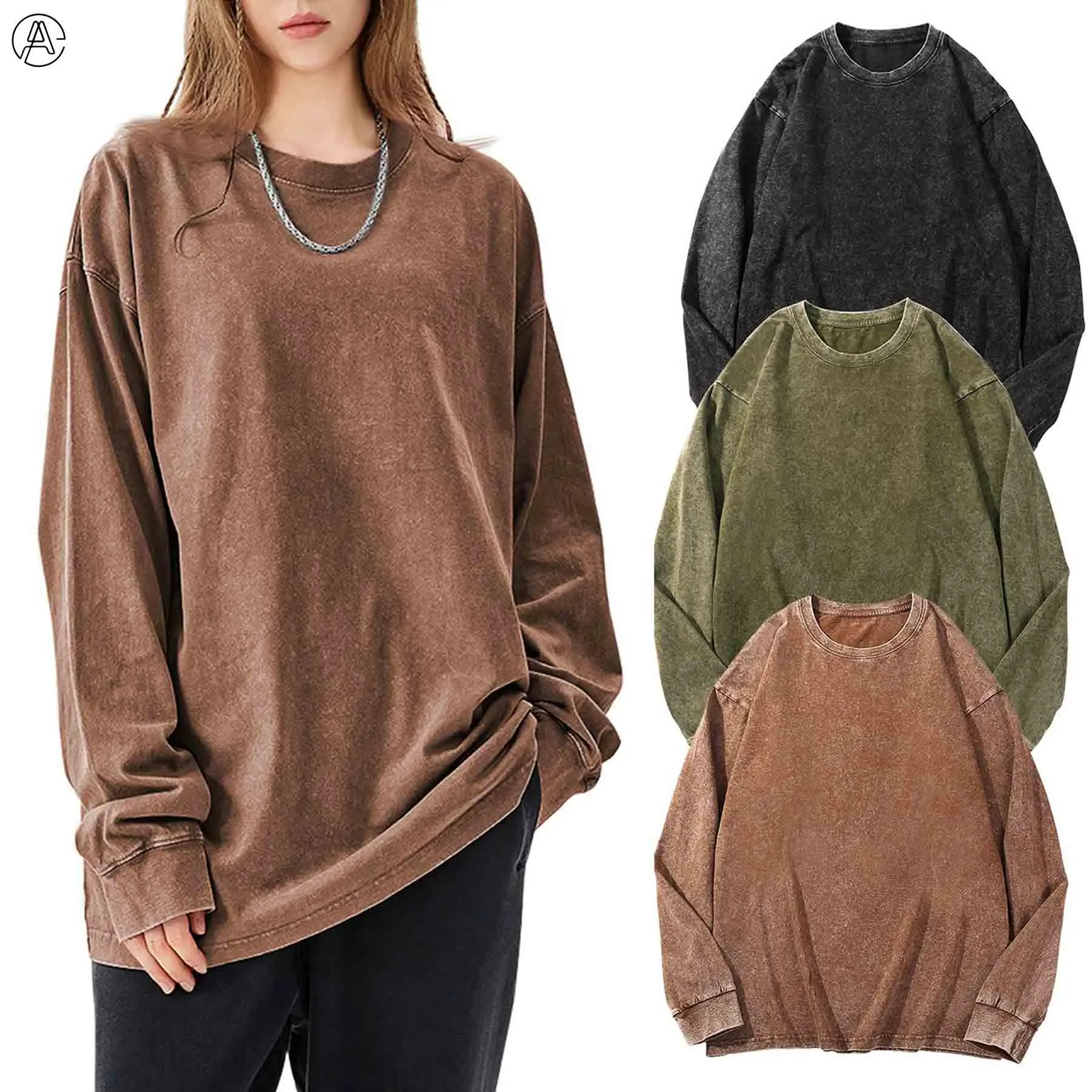Unisex Long-Sleeve Acid-Wash Cotton T-Shirt
