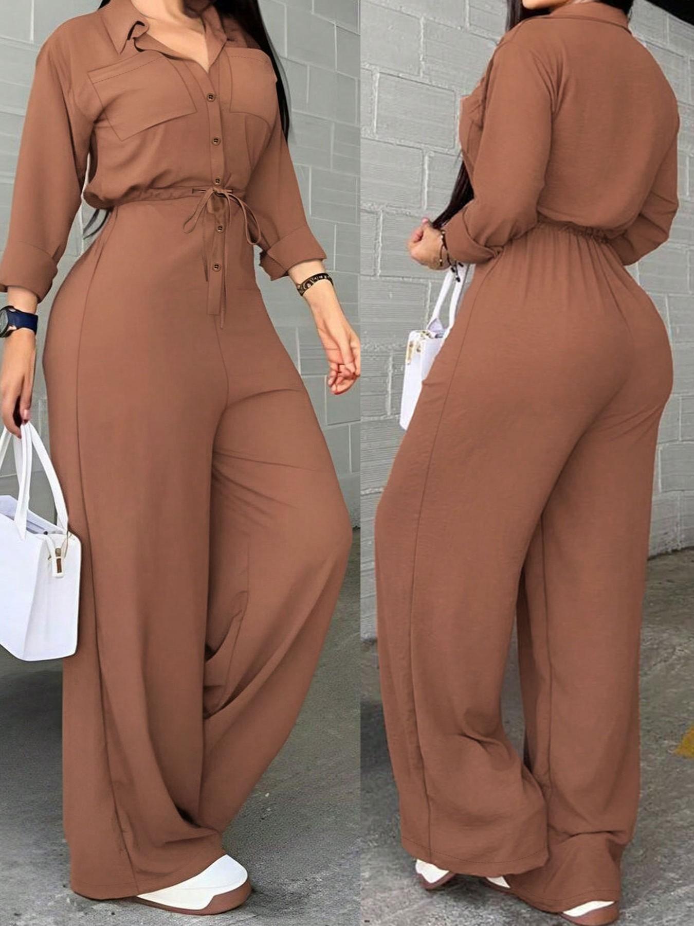Women's Loose Adjustable Belted Jumpsuit, Casual Shirt-Style Long Sleeve, High Waist for Spring & Fall