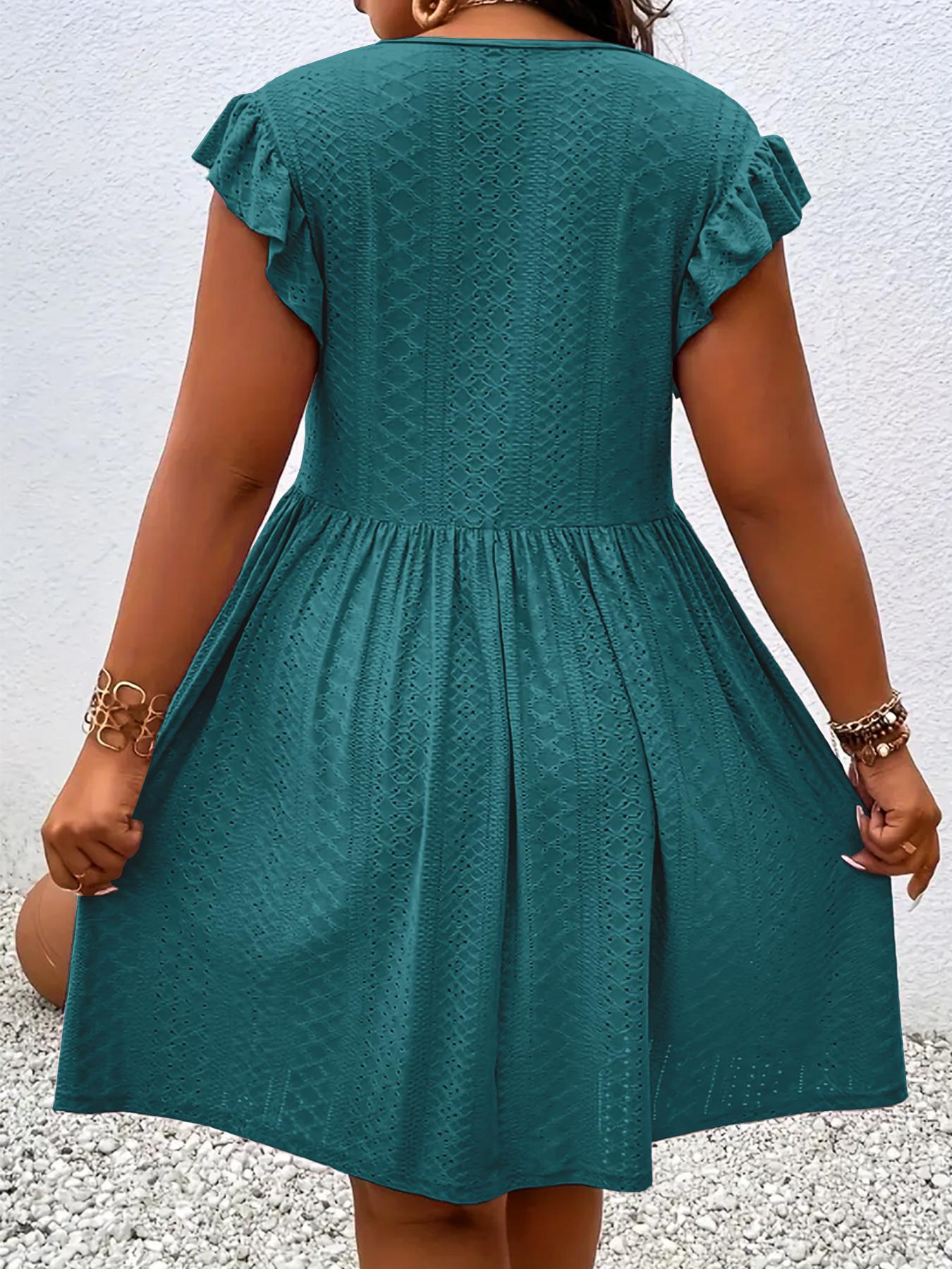 [Plus Size] Solid Color Hollow Out Vneck Dress, Casual Chic Dress, Casual Fashionable Dress for Summer, Women's Plus Clothing for Daily Wear, Womenswear