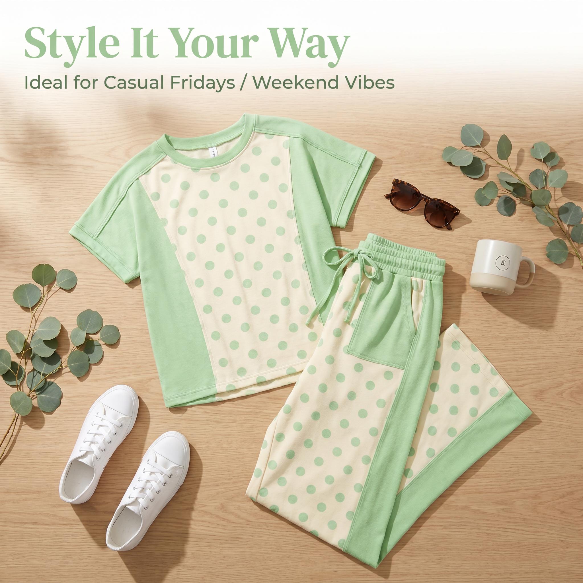 Women's Lounge Set | Cute 2-Piece Trendy Clothing Sets with a Color Block Polka Dot Crew Neck Tshirt and Wide Leg Drawstring Pants, 2 Piece Sets Women's Lounge Set | Cute 2-Piece Trendy Clothing Sets with a Color Block Polka Dot Crew Neck Tshirt and Wide Leg Drawstring Pants, 2 Piece Sets