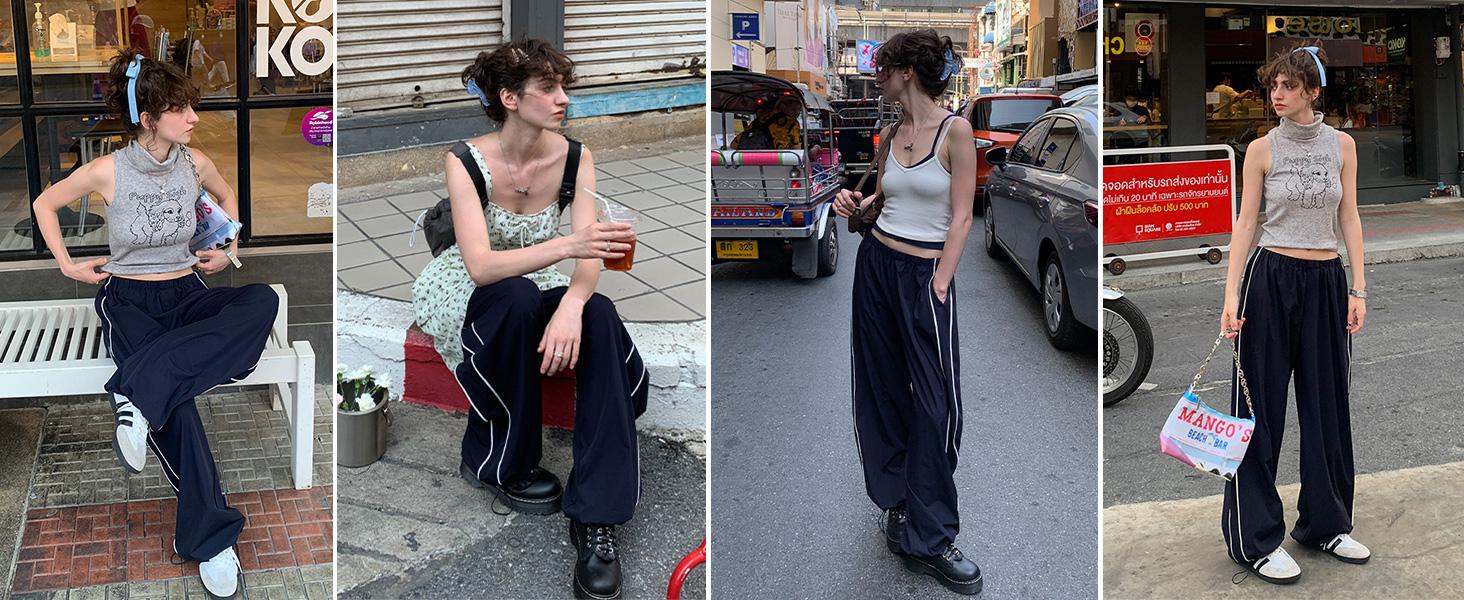 Ommig Women's Parachute Wideleg Pants Baggy Y2K Elastic Waist Wide Leg Track Pants Trousers Casual,sohochic