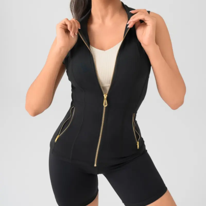 Women's Minimalist Gold-Zip Vest and Slim-Fit Knee-Length Shorts Two-Piece Set