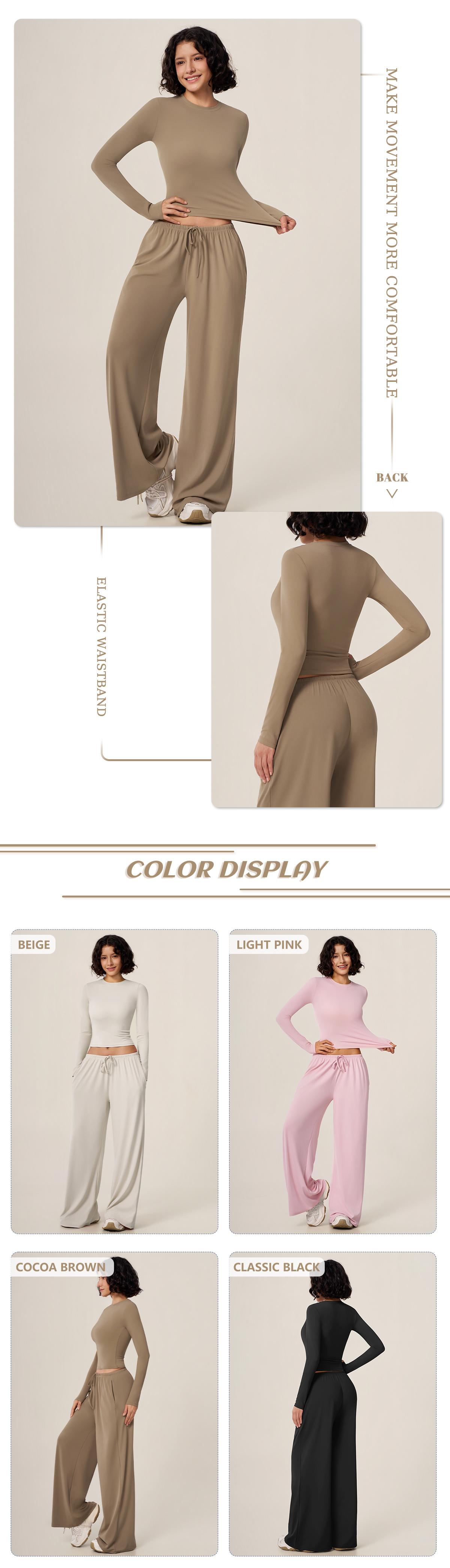 TIMEOFF Women's 2-Piece Fashion Set, Solid Brand Clothing with a Flattering Sculpting Long Sleeve Crop Top and Wide-Leg Yoga Pants, Women's Fashion, Tops For Women
