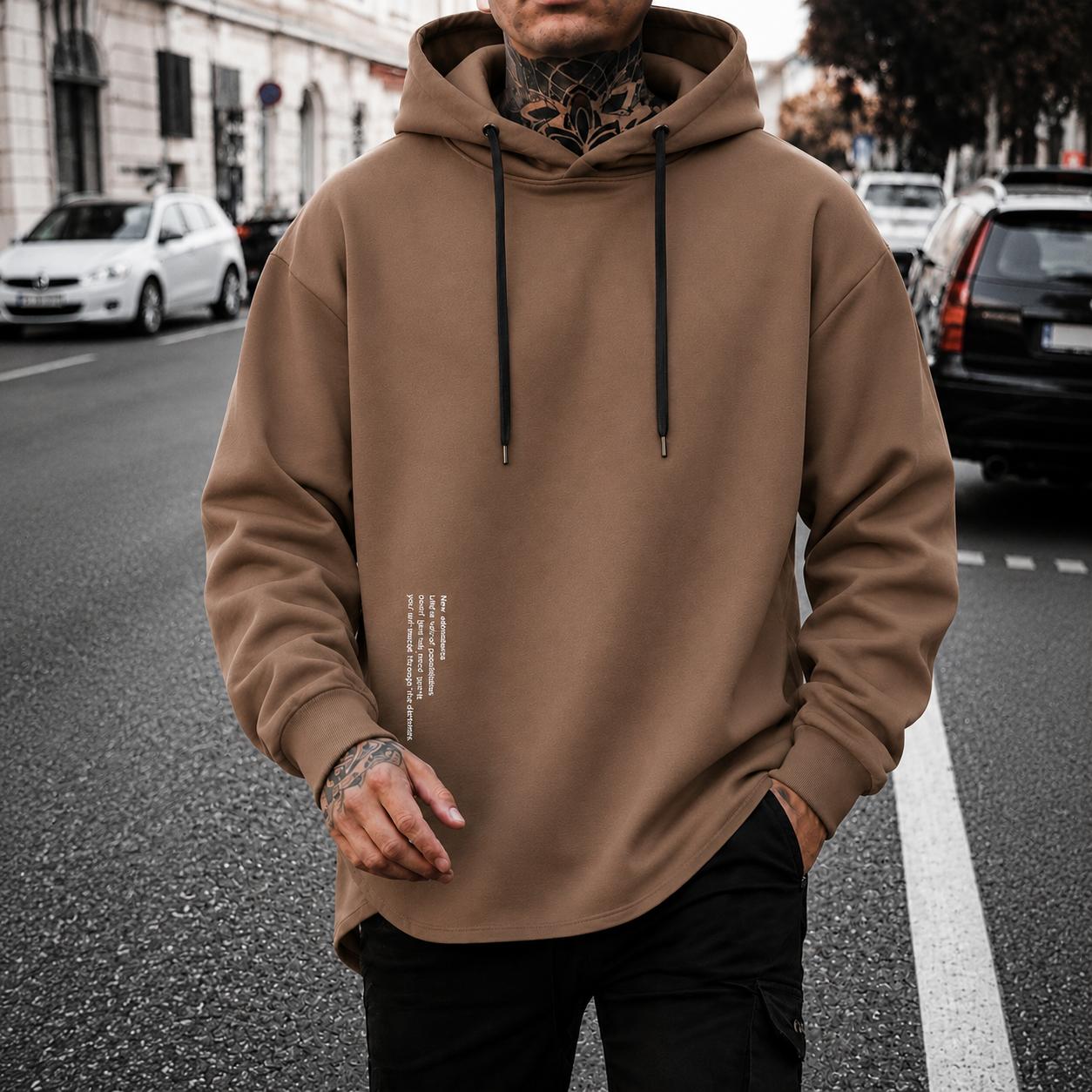 Men&rsquo;s casual minimalist hooded knit sweatshirt with letter print design; comfortable, skin-friendly fabric that is breathable&mdash;suitable for outdoor leisure, home life, daily commuting, and trendy everyday outfits.