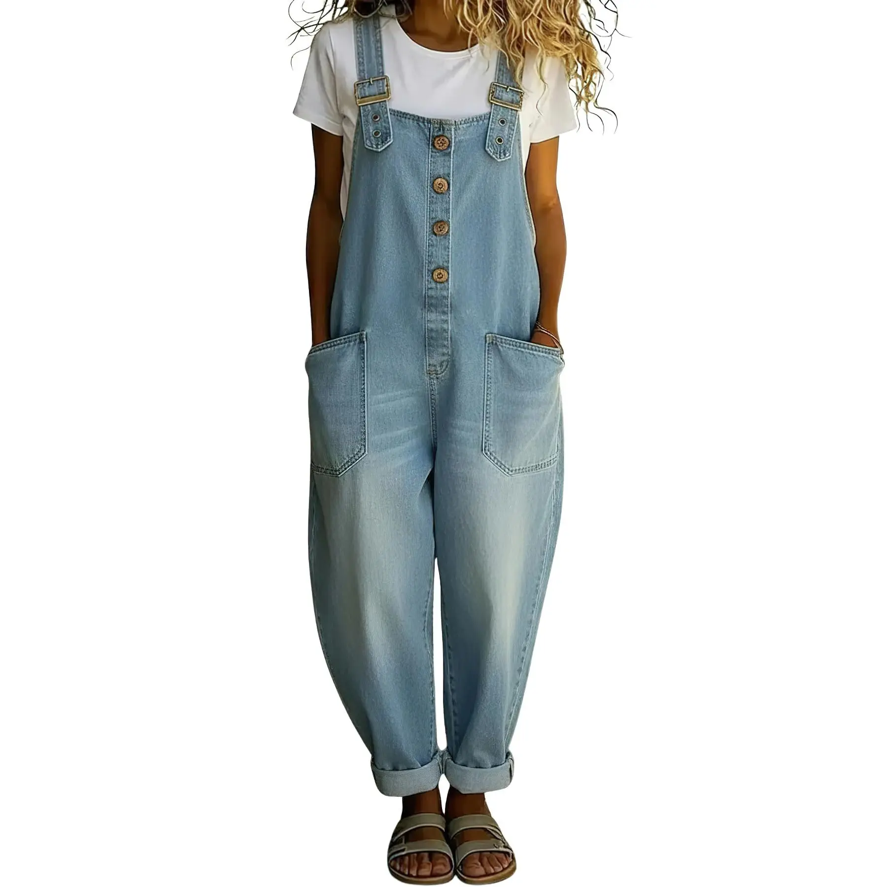Vintage-style loose wide-leg denim overalls