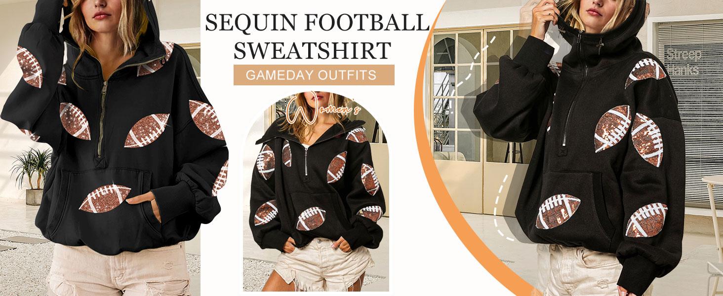 Ommig Women's Oversized Game Day Hoodie - Lady's Casual Longsleeves Top, Half-Zip Pullover with Sequins Football Print, Kangaroo Pocket, Women's Clothes Sweatshirt,summerwins