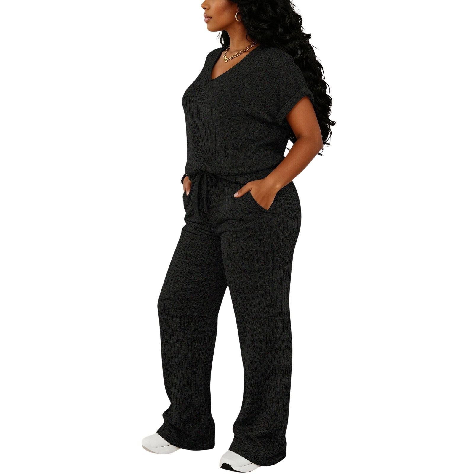 MOEENCN Women's Ultra-Soft Brushed Ribbed Knit 2-Piece Loungewear Set, V-Neck Top & High Waist Wide Leg Pants with Pockets for Lazy Days & Brunch summerwins Womenswear Clothes Suits MOEENCN Women's Ultra-Soft Brushed Ribbed Knit 2-Piece Loungewear Set, V-Neck Top & High Waist Wide Leg Pants with Pockets for Lazy Days & Brunch summerwins Womenswear Clothes Suits