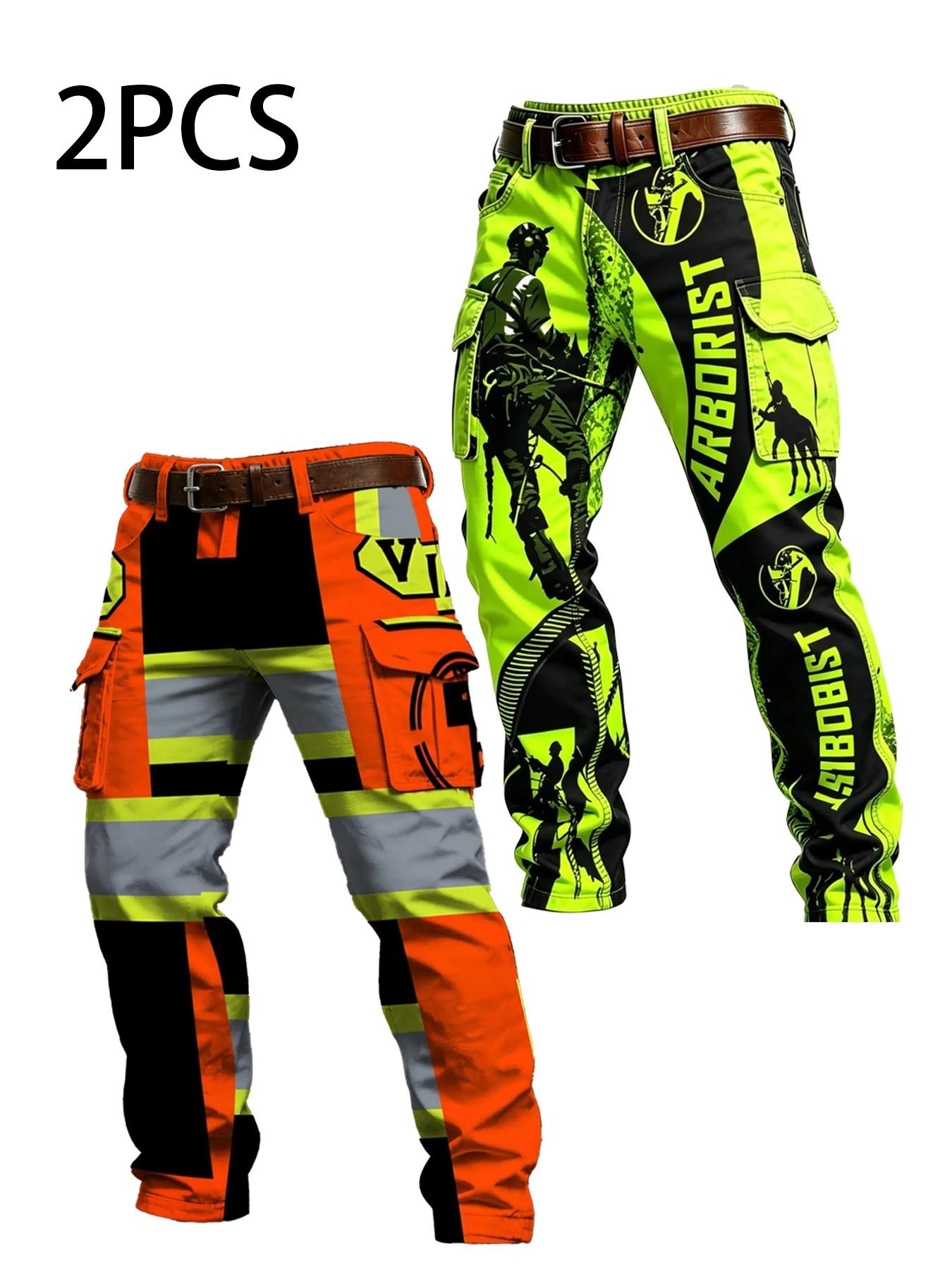 Patchwork High Visibility Full Print Cargo Pants, Emergency Rescue Workwear, Multi-Pocket Casual Long Pants, Man