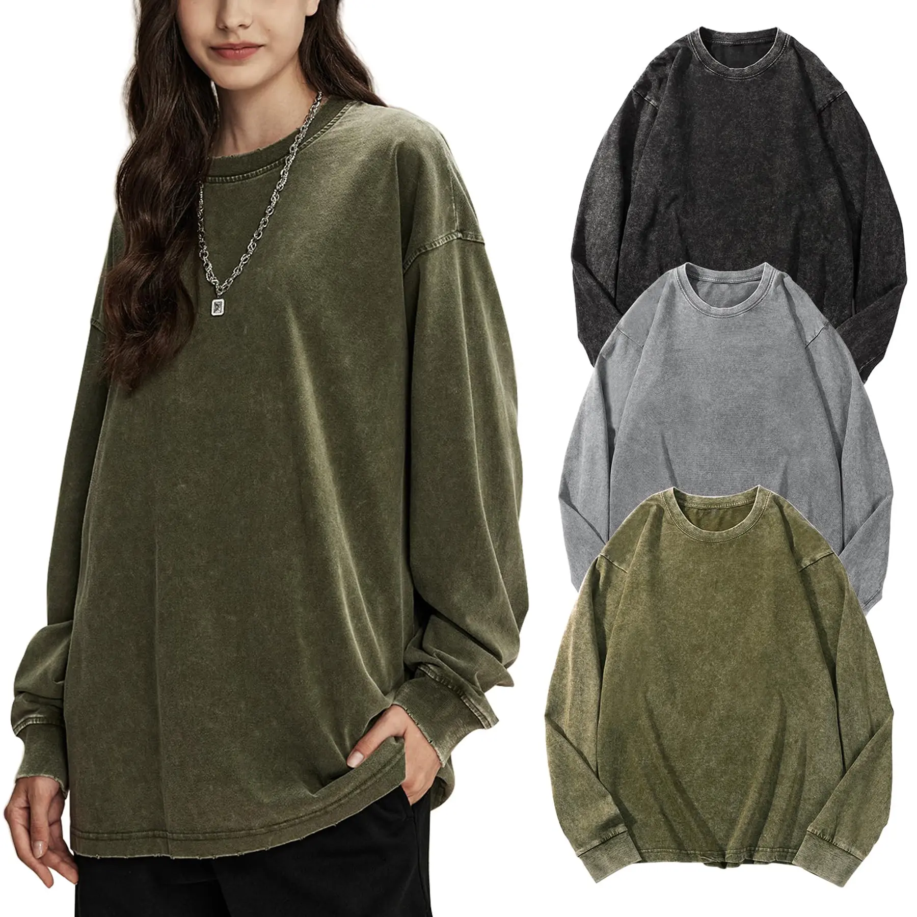Unisex Long-Sleeve Acid-Wash Cotton T-Shirt