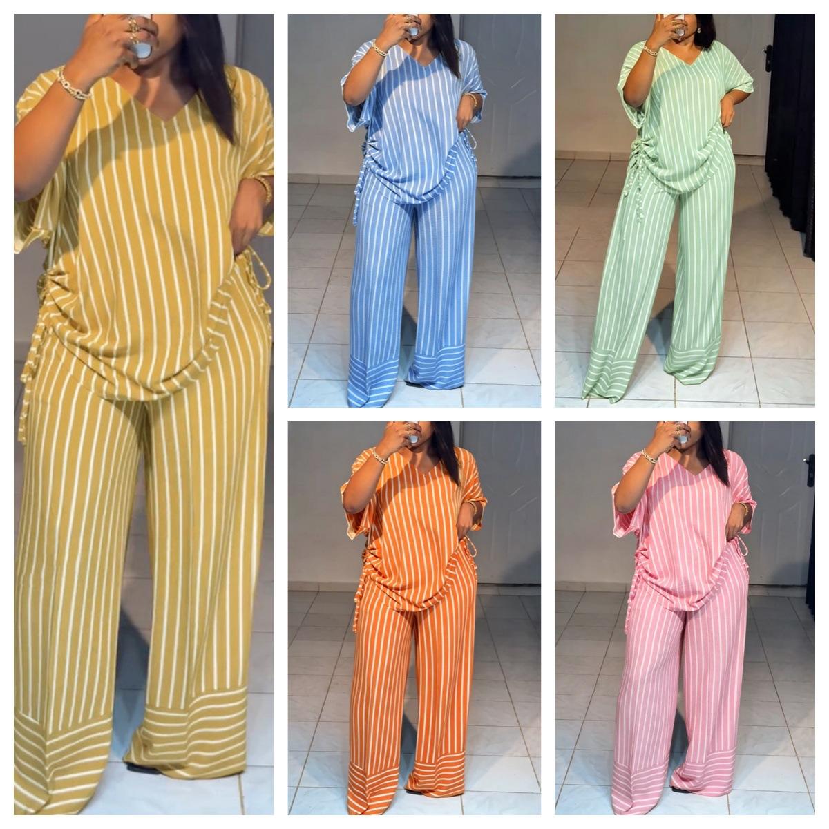 Summer new striped loose fashion casual women's V-neck thin and drape wide-leg pants suit Summer new striped loose fashion casual women's V-neck thin and drape wide-leg pants suit