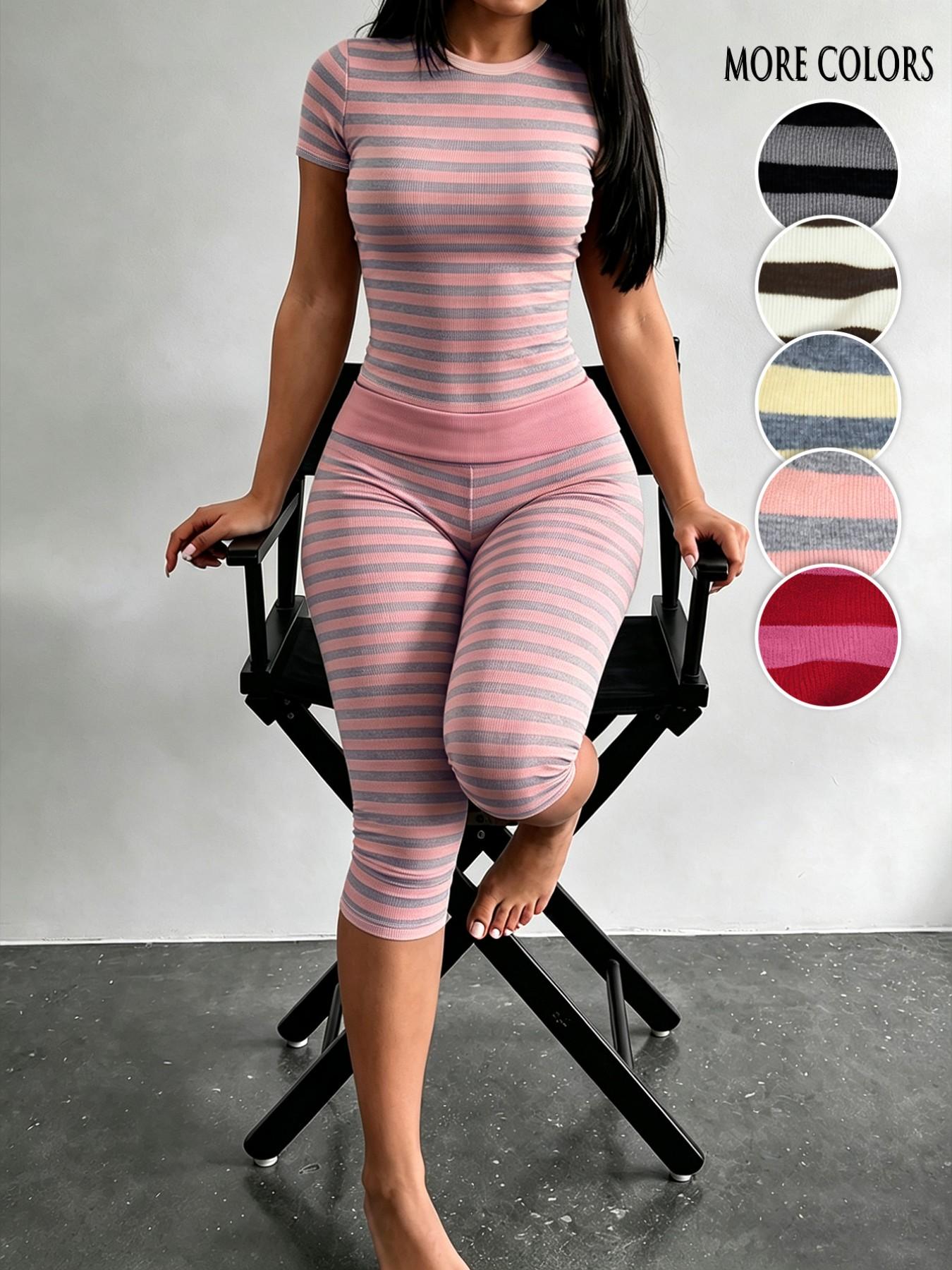 Yellow Grey Striped Two Piece Loungewear Set Crew Neck Short Sleeve Slim Crop Top High Waist Capri Leggings Stretch Fitted Matching Outfit ideal for home relaxation gym training grocery runs and casual everyday all season comfy outfits Multicolor Yellow Grey Striped Two Piece Loungewear Set Crew Neck Short Sleeve Slim Crop Top High Waist Capri Leggings Stretch Fitted Matching Outfit ideal for home relaxation gym training grocery runs and casual everyday all season comfy outfits Multicolor
