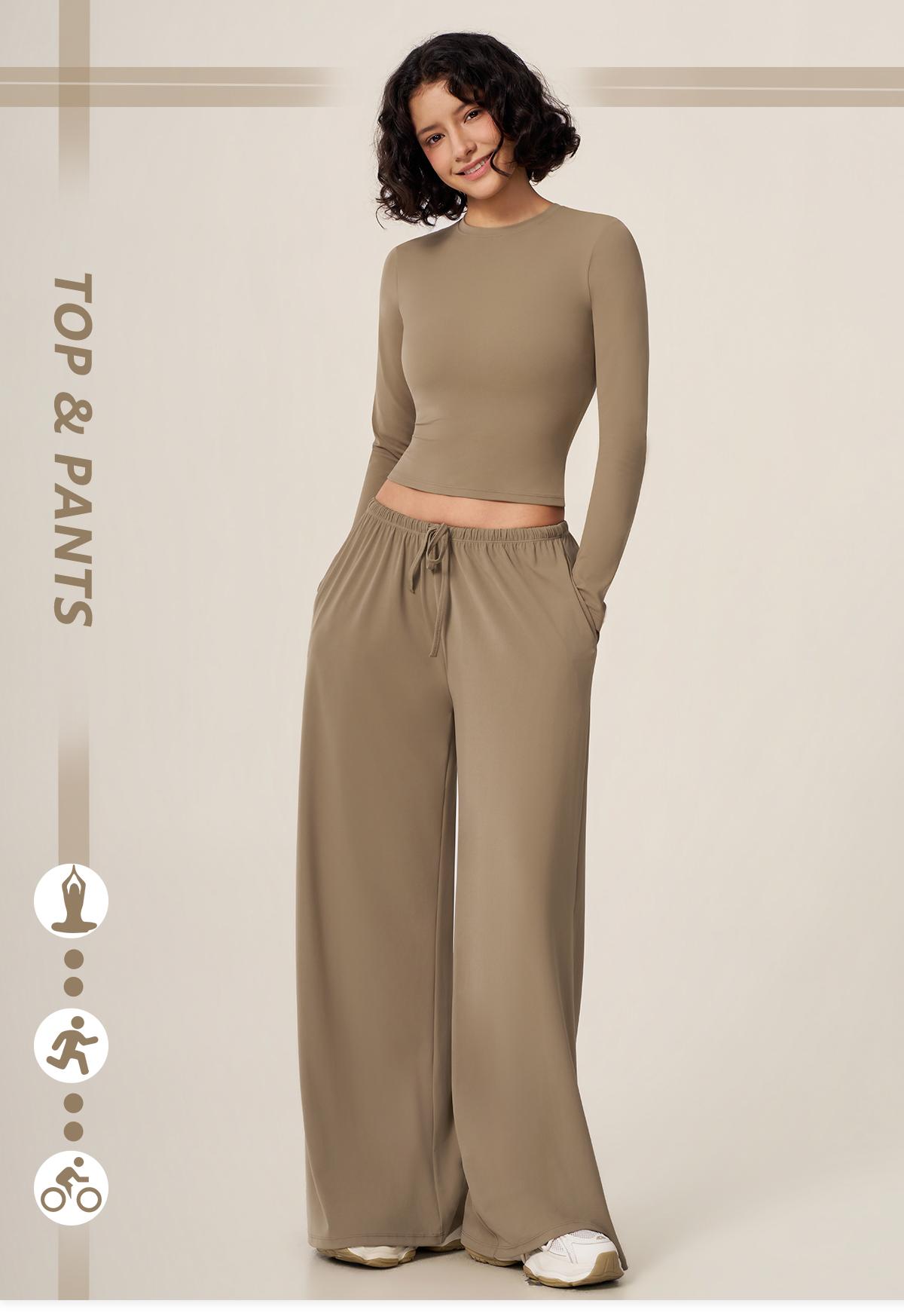 TIMEOFF Women's 2-Piece Fashion Set, Solid Brand Clothing with a Flattering Sculpting Long Sleeve Crop Top and Wide-Leg Yoga Pants, Women's Fashion, Tops For Women