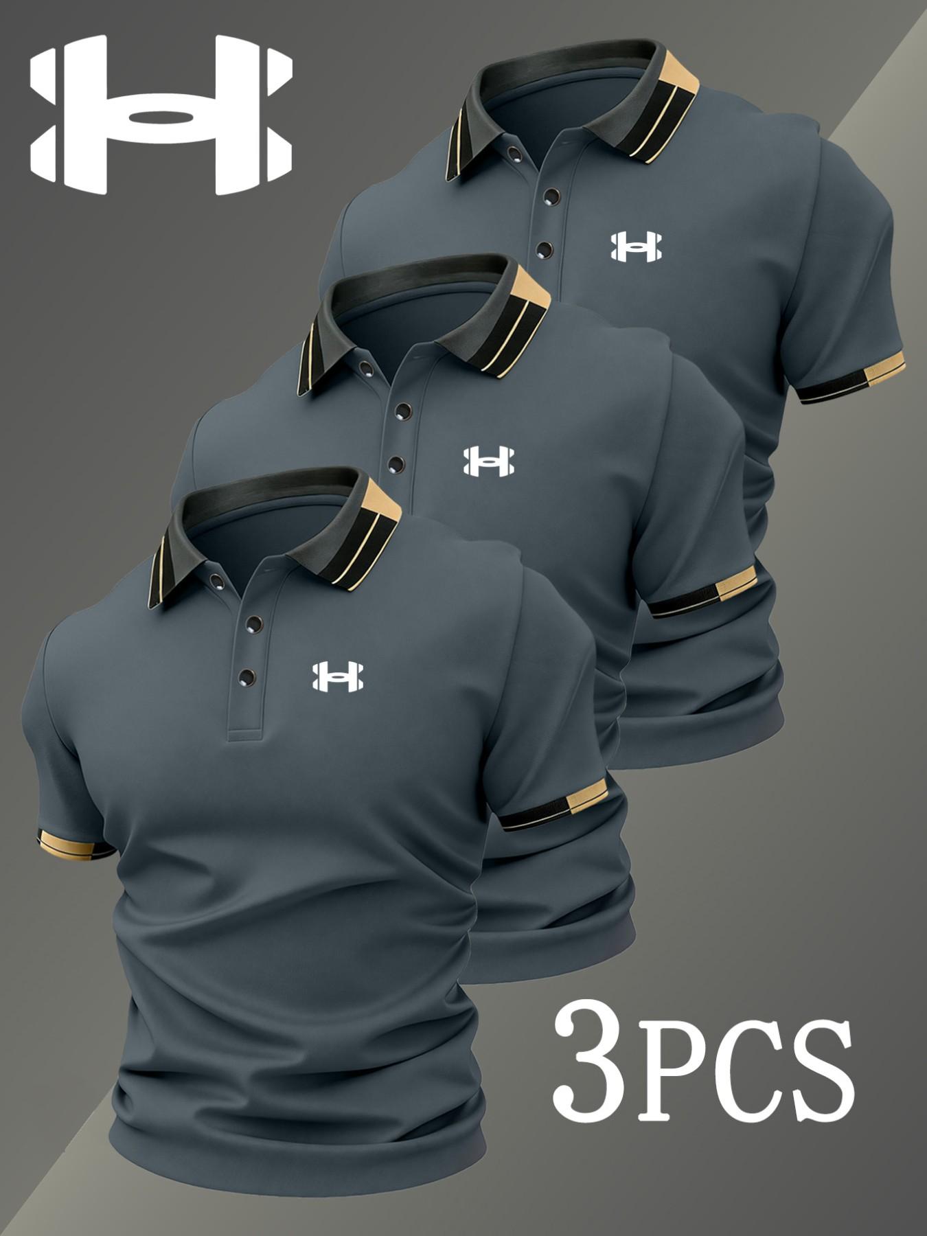 Men's Golf Polo Shirts Set, Fashion Logo Print, Fitted Trendy Casual Geometric Pattern, Breathable Stretchy Fabric, All-Season Comfort, Short Sleeve Polo, Collared Polo Shirts