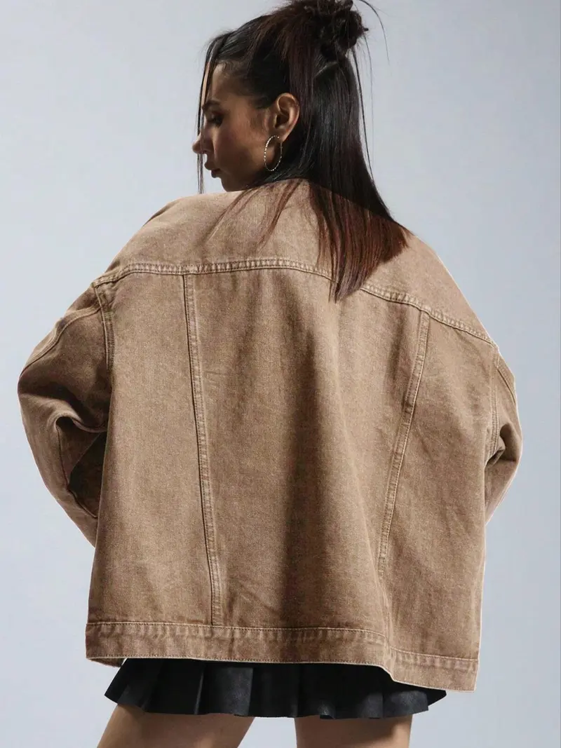 Women's Solid-Color Button-Front Slim-Fit Denim Jacket with Drop Shoulders