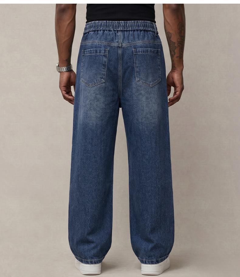 Men&rsquo;s jeans made from stretchy cotton&mdash;comfortable and stylish. Loose fit for everyday wear; long pants with a drawstring elastic waistband design for men.