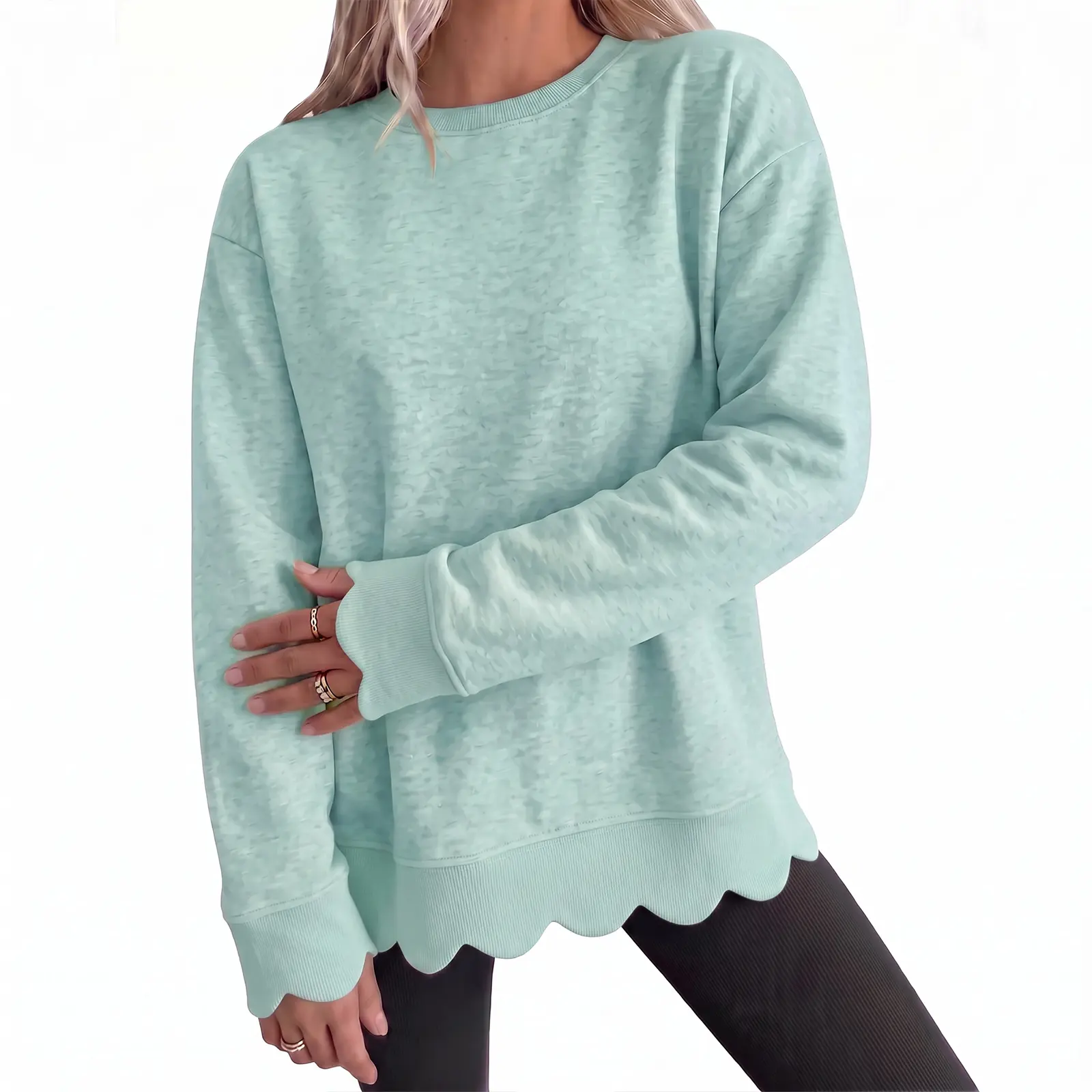 Fisoew Women's Heather Crew Neck Oversized Sweatshirt, Wavy Scallop Hem & Cuff Long Sleeve Loose Casual Fall Layering Pullover Top Fisoew Women's Heather Crew Neck Oversized Sweatshirt, Wavy Scallop Hem & Cuff Long Sleeve Loose Casual Fall Layering Pullover Top