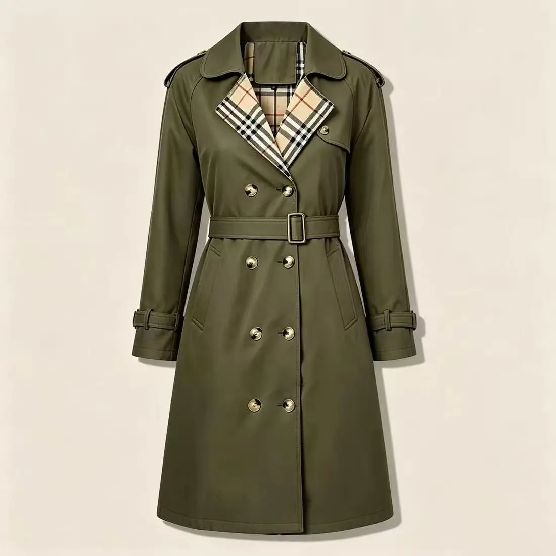 Women’s Trench Coat, Double-Breasted, Plaid Lining
