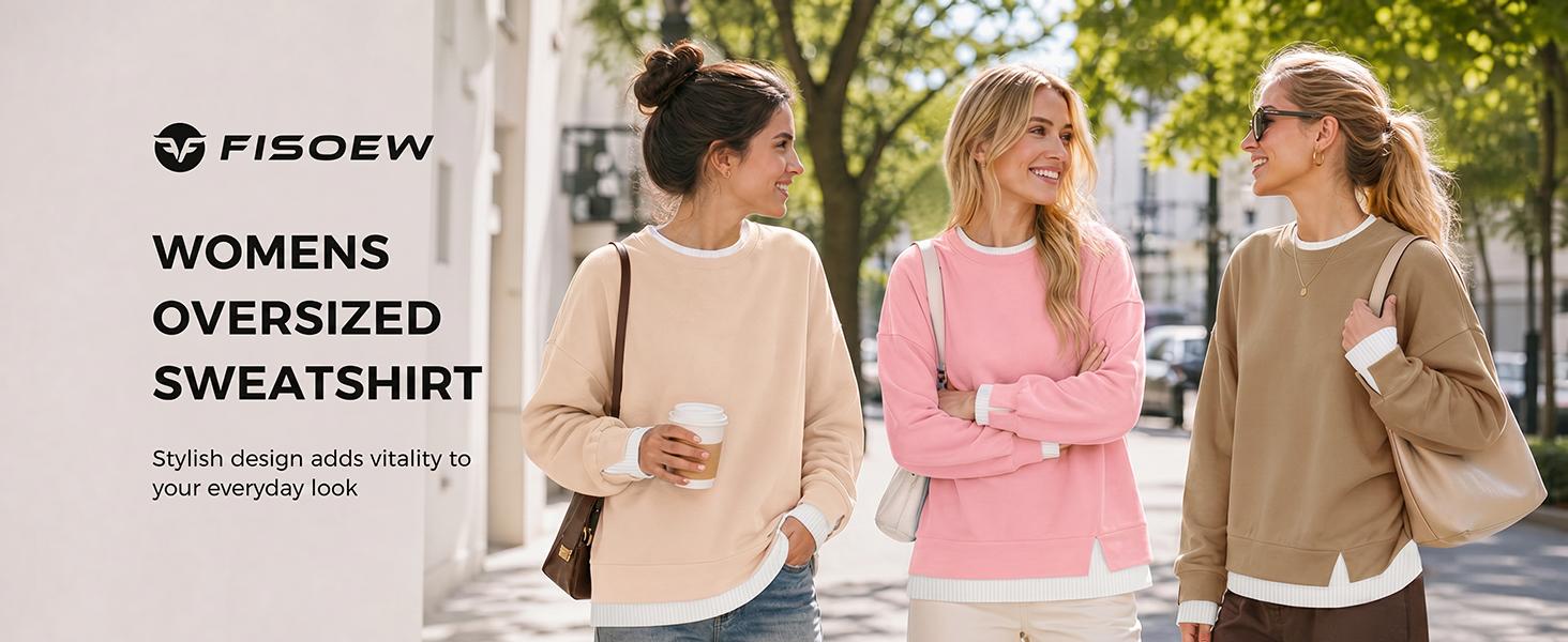 Fisoew Women's Fake Two Piece Layered Sweatshirt Air Layer Fabric Hoodie Crew Neck White Ribbed Cuff & Hem Patchwork Drop Shoulder Oversized Long Sleeve Pullover Top Hoodie Fit Casual,back to school,back to school shopping