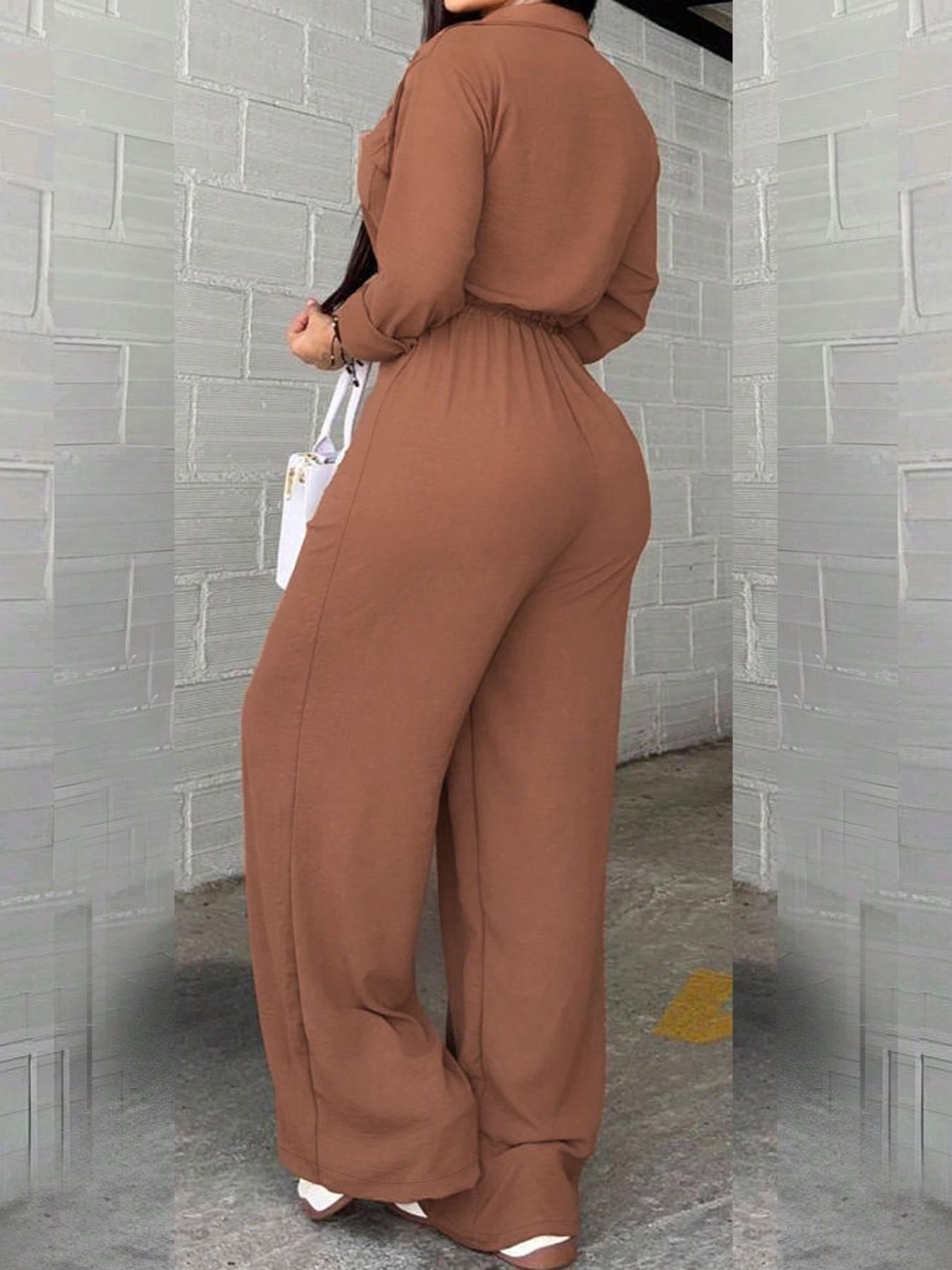 Women's Loose Adjustable Belted Jumpsuit, Casual Shirt-Style Long Sleeve, High Waist for Spring & Fall