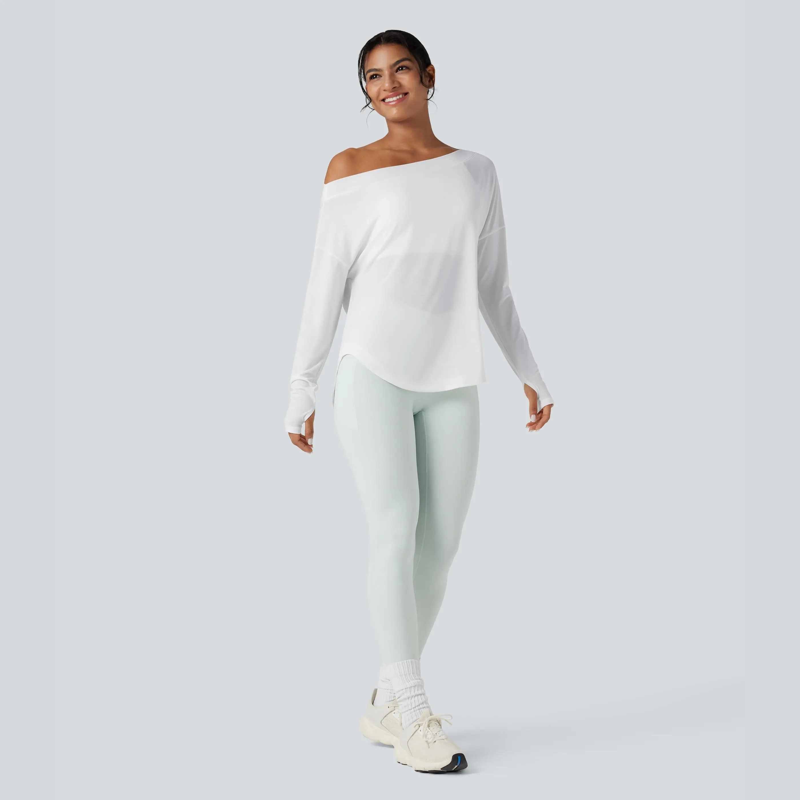 Halara One Shoulder Long Sleeve Thumb Hole Curved Hem High Low Quick Dry Yoga Sports Top-Built-in Bra Halara One Shoulder Long Sleeve Thumb Hole Curved Hem High Low Quick Dry Yoga Sports Top-Built-in Bra