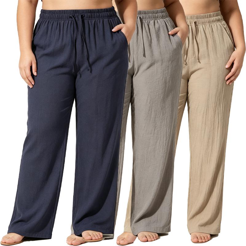 3-pack drawstring joggers for curvy/slightly fuller women, featuring a linen texture, high elastic waistband, loose wide legs, and side pockets; breathable and lightweight summer casual beach workout pants. 3-pack drawstring joggers for curvy/slightly fuller women, featuring a linen texture, high elastic waistband, loose wide legs, and side pockets; breathable and lightweight summer casual beach workout pants.