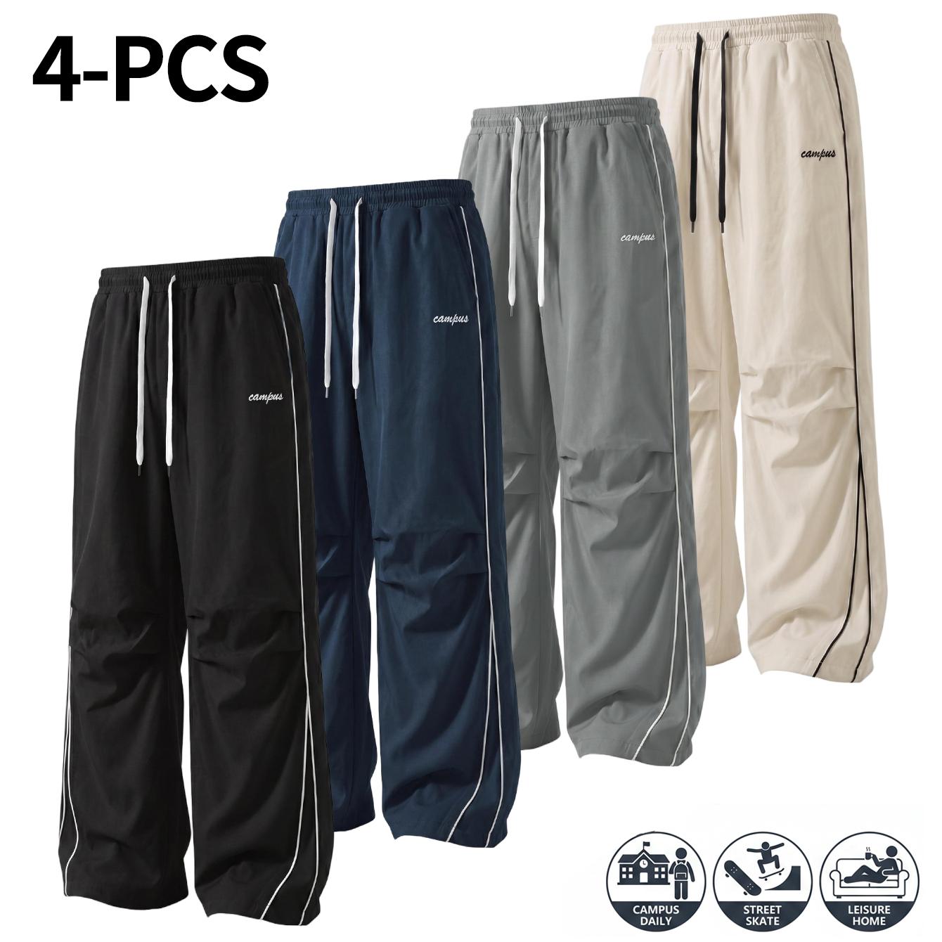 4-Pack American High Street Style Men&rsquo;s Athletic Joggers &ndash; Comfortable, skin-friendly fabric men&rsquo;s wide-leg pants featuring side seams and exposed stitching, plus knee pleats for a relaxed, effortless look; suitable for both men and women and ideal for an