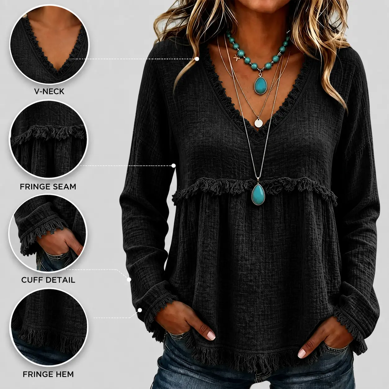 Women’s Boho V Neck Long Sleeve Fringe Top, Casual Loose Fit Textured Babydoll Blouse, Flowy Tassel Hem Tunic Shirt, Western Fall Fashion Tops, Plus Size S–3XL, Tops For Women, Women's Clothes Women’s Boho V Neck Long Sleeve Fringe Top, Casual Loose Fit Textured Babydoll Blouse, Flowy Tassel Hem Tunic Shirt, Western Fall Fashion Tops, Plus Size S–3XL, Tops For Women, Women's Clothes