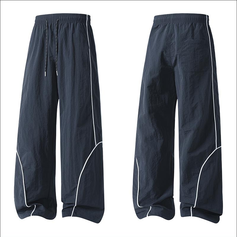 Men's Loose-Fit Wide-Leg Nylon Casual Pants - Printed Graphical Stripes, Drawstring Elastic Waist, Utility Pockets, Cool Breathable, All-Season Streetwear Clothing for Everyday Wear, Basketball, Wide-Leg Trousers