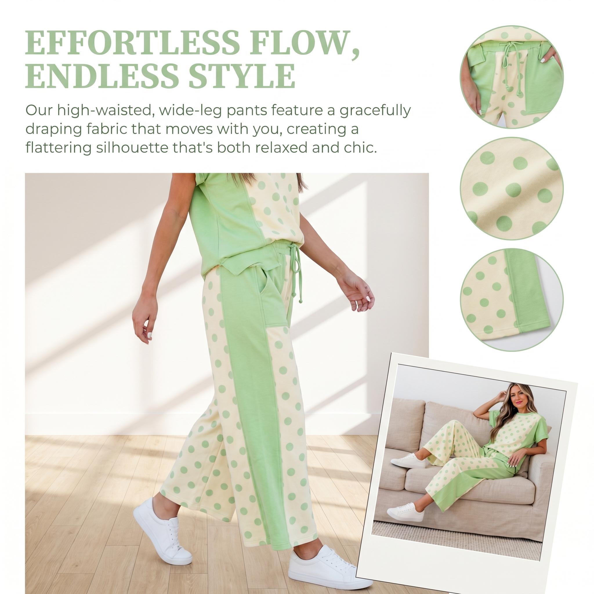 Women's Lounge Set | Cute 2-Piece Trendy Clothing Sets with a Color Block Polka Dot Crew Neck Tshirt and Wide Leg Drawstring Pants, 2 Piece Sets Women's Lounge Set | Cute 2-Piece Trendy Clothing Sets with a Color Block Polka Dot Crew Neck Tshirt and Wide Leg Drawstring Pants, 2 Piece Sets