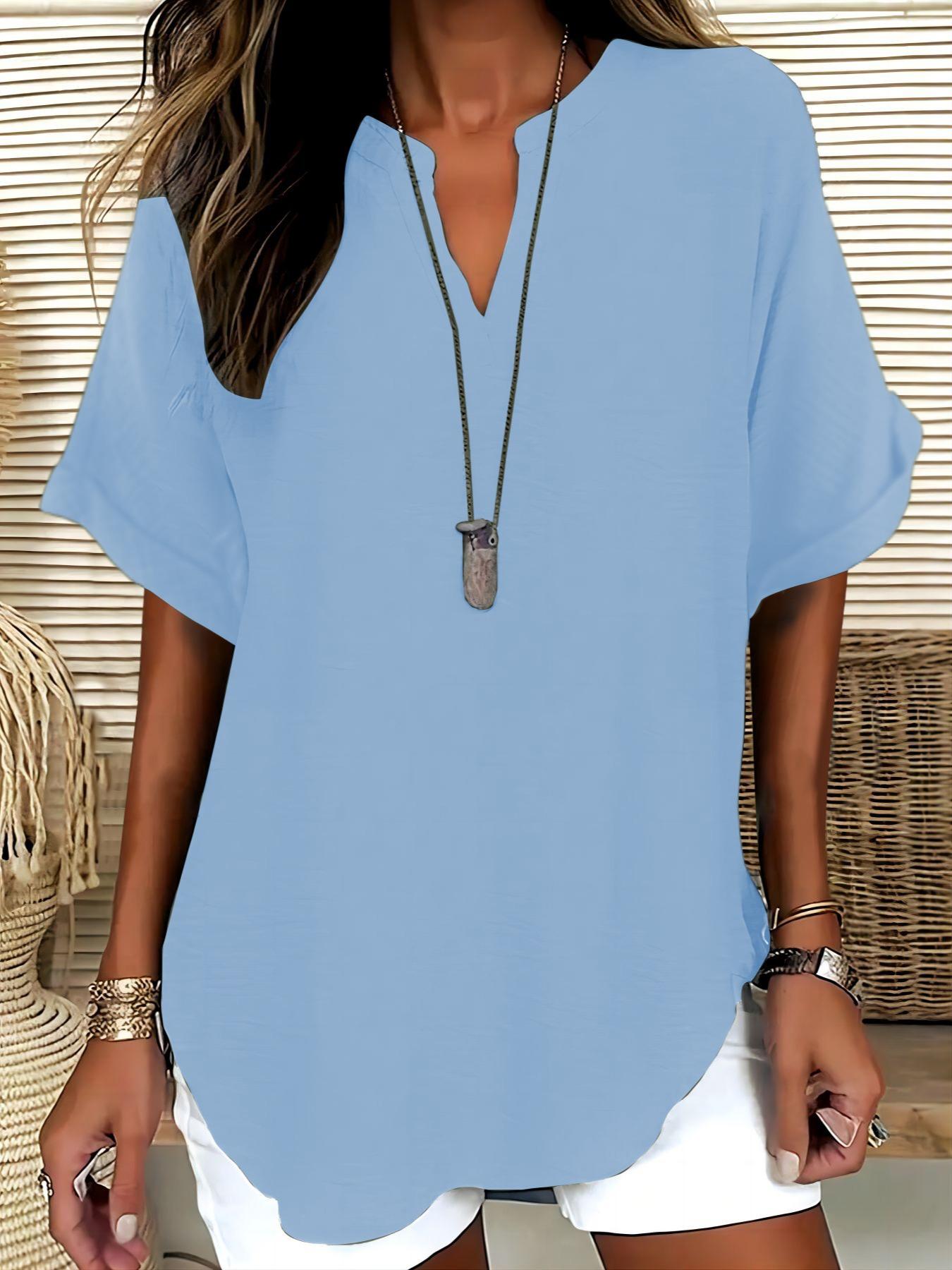 Elegant Minimalist Polyester V Neck Loose Fit Short Sleeve Blouse Shirt for Women, 100% Polyester, Regular Length, 145g/m², Casual Everyday Weekend Top Womenswear Elegant Minimalist Polyester V Neck Loose Fit Short Sleeve Blouse Shirt for Women, 100% Polyester, Regular Length, 145g/m², Casual Everyday Weekend Top Womenswear