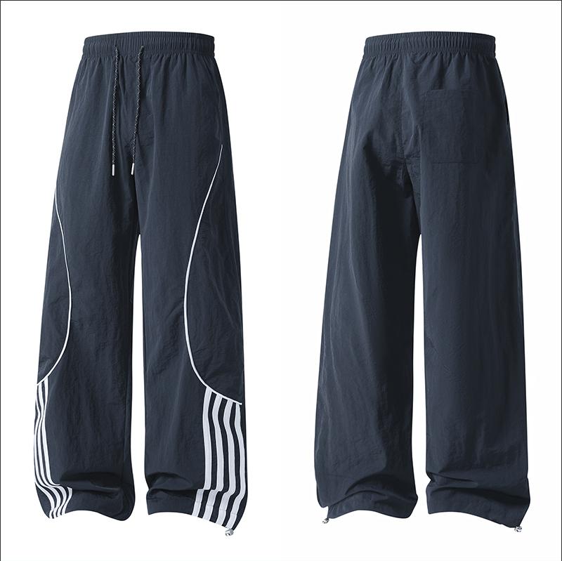 Men's Loose-Fit Wide-Leg Nylon Casual Pants - Printed Graphical Stripes, Drawstring Elastic Waist, Utility Pockets, Cool Breathable, All-Season Streetwear Clothing for Everyday Wear, Basketball, Wide-Leg Trousers