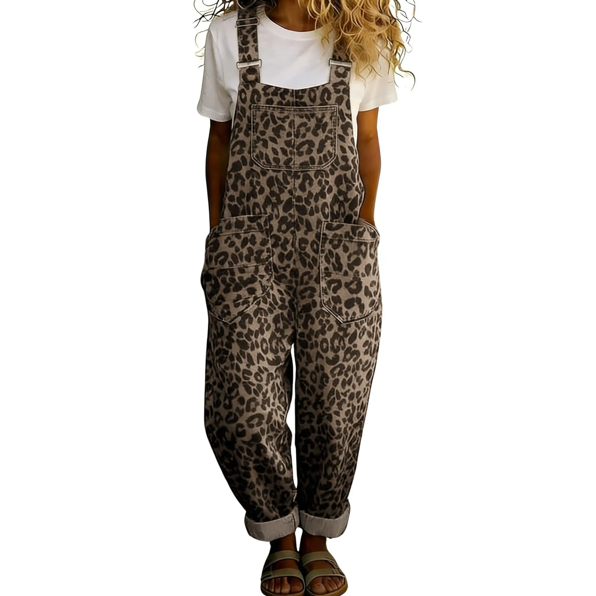 Vintage-style loose wide-leg denim overalls