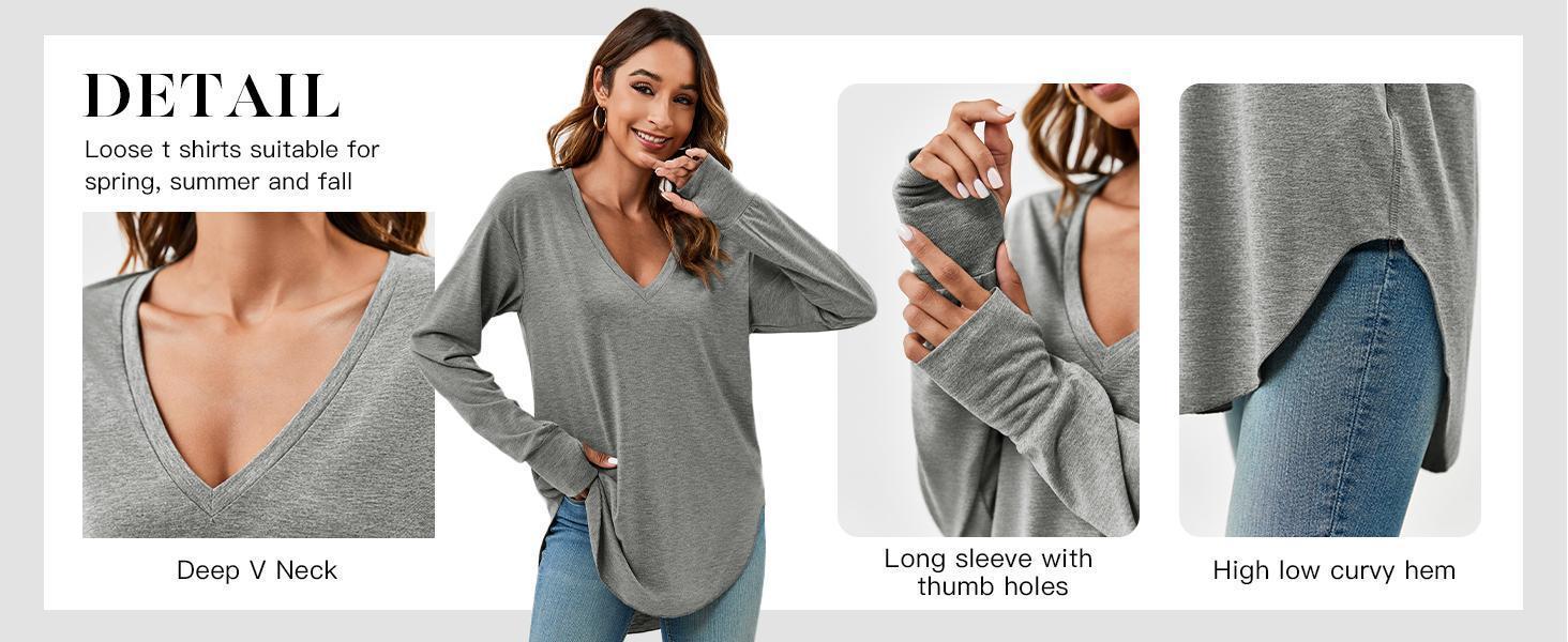 Imily Bela Womens Deep V Neck Tunic Tops Long Sleeve Oversized Casual Loose Fit Curved Hem T Shirts Imily Bela Womens Deep V Neck Tunic Tops Long Sleeve Oversized Casual Loose Fit Curved Hem T Shirts