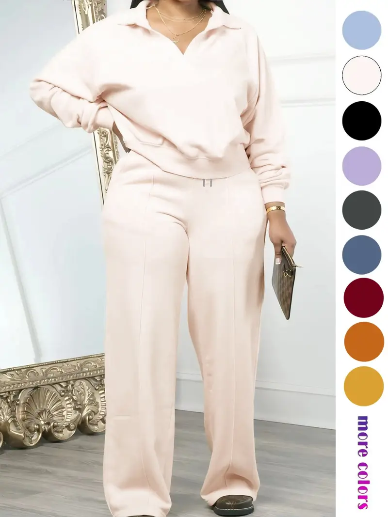 Women's Solid-Color Long-Sleeve Sweatshirt and Drawstring Elastic-Waist Pants Set