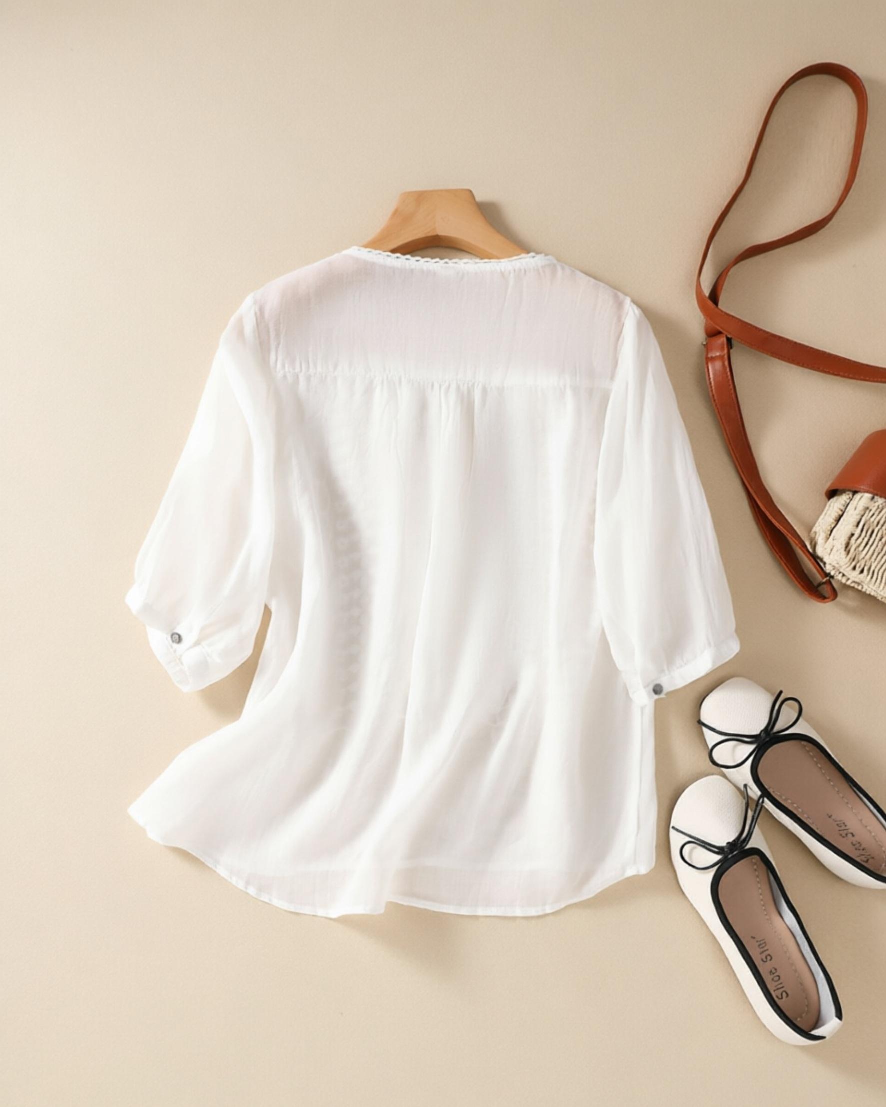 Women's Casual Vintage Blouse, Lightweight Summer Top with Intricate Embroidery, Breathable Cotton-Linen Blend, Loose Fit, Round Neck, Mid-Length Sleeves Women's Casual Vintage Blouse, Lightweight Summer Top with Intricate Embroidery, Breathable Cotton-Linen Blend, Loose Fit, Round Neck, Mid-Length Sleeves