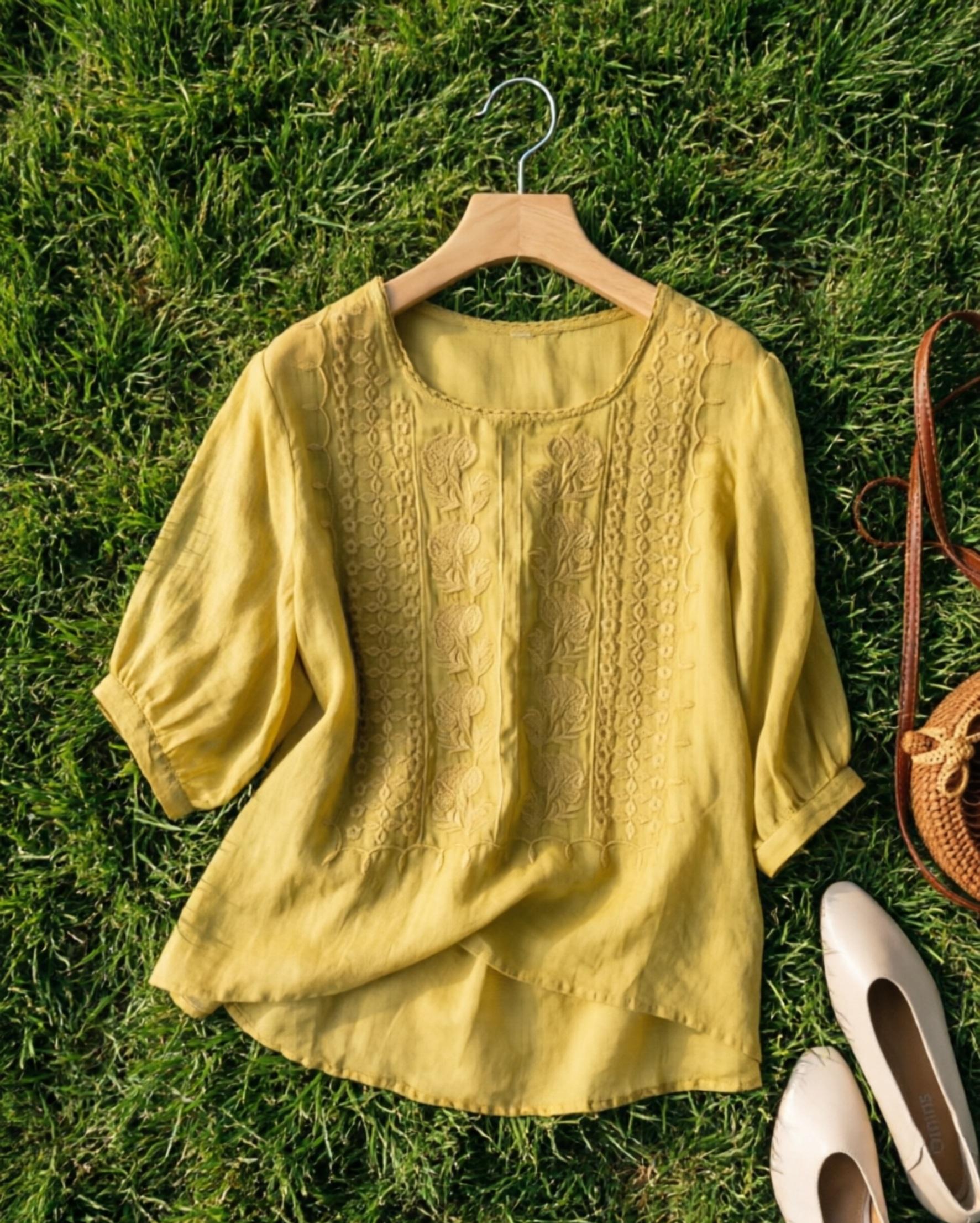Women's Casual Vintage Blouse, Lightweight Summer Top with Intricate Embroidery, Breathable Cotton-Linen Blend, Loose Fit, Round Neck, Mid-Length Sleeves Women's Casual Vintage Blouse, Lightweight Summer Top with Intricate Embroidery, Breathable Cotton-Linen Blend, Loose Fit, Round Neck, Mid-Length Sleeves