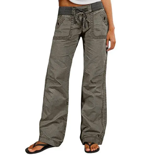 Flamingals Solid Seam Detail Drawstring Mid Rise Straight Leg Pants High Stretch Fabric Women's Wear Minimalist Fit Basic Style Multiple Colors