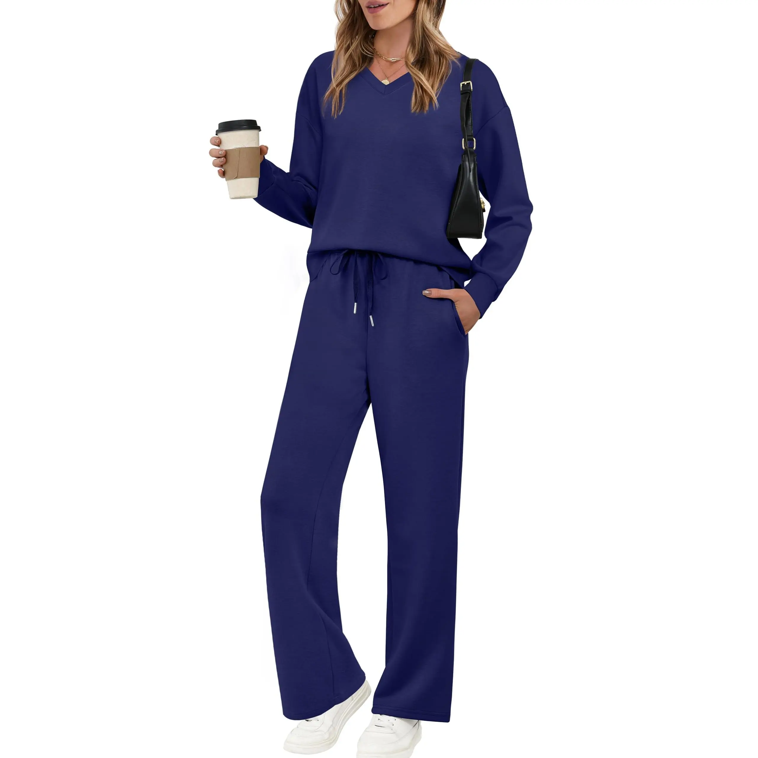 Women's Casual Two-Piece Set (V-Neck Top + Wide-Leg Pants)