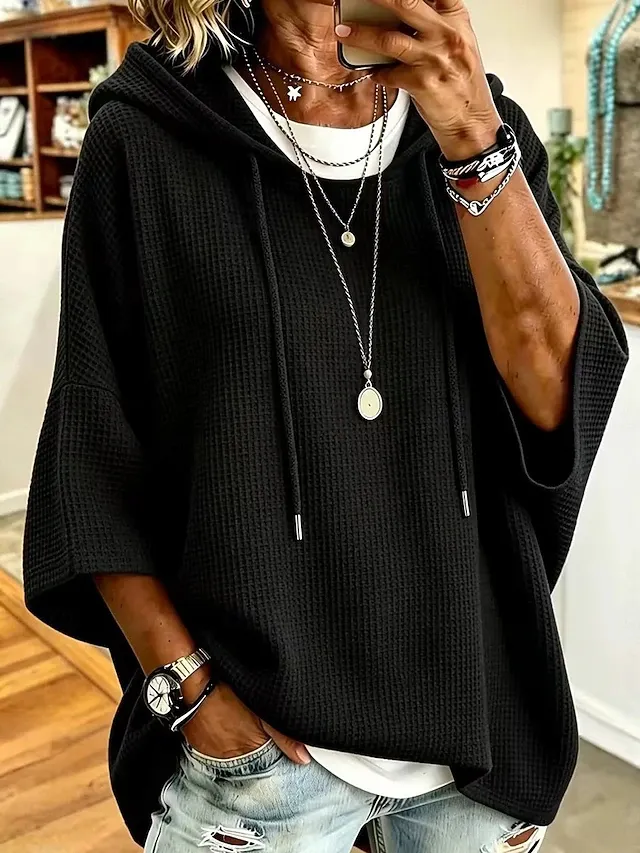 Women’s Drawstring Hooded Waffle Knit Short Sleeve Sweater