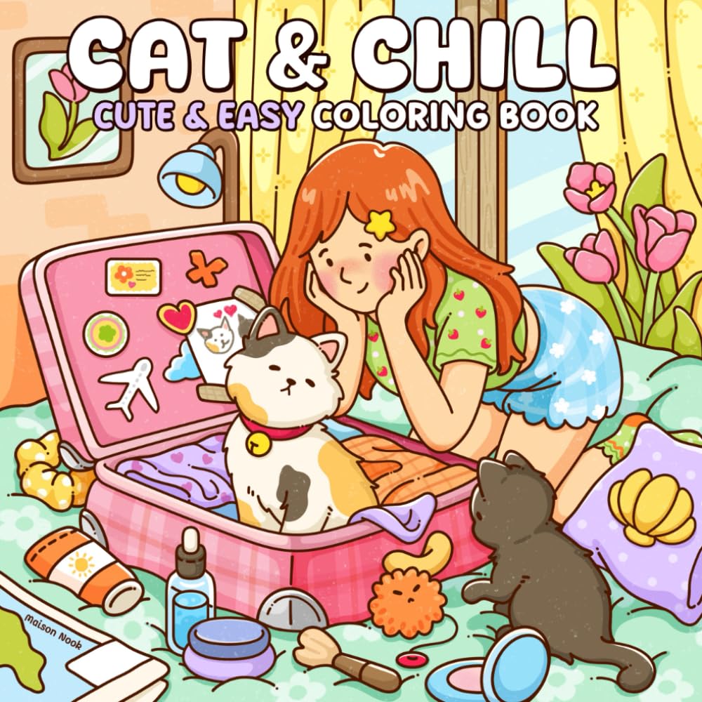 Cat & Chill: Cute & Easy Coloring Book for Adults and Teens