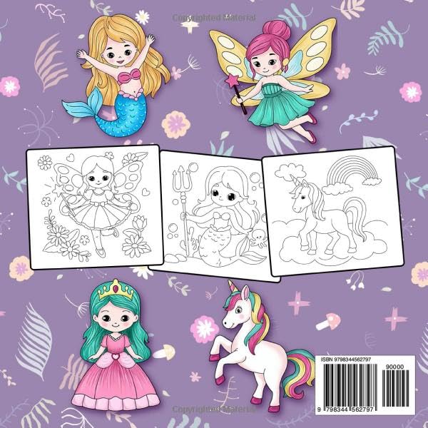 Princess, Unicorn, Fairy, and Mermaid: Cute Coloring Book