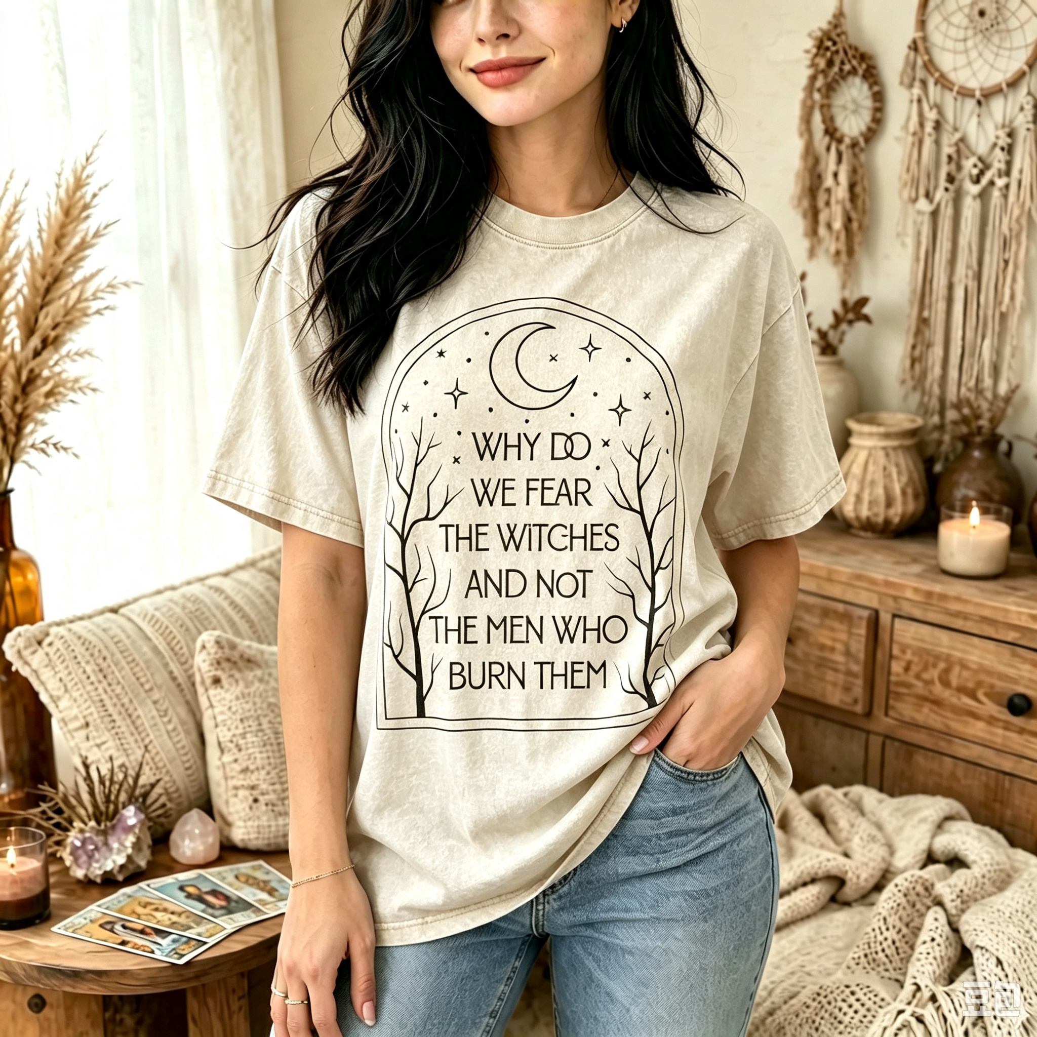Moonnora Why Do We Fear The Witches And Not The Men Who Burn Them Feminist Tarot Card On Comfort Colors Washed T-Shirt