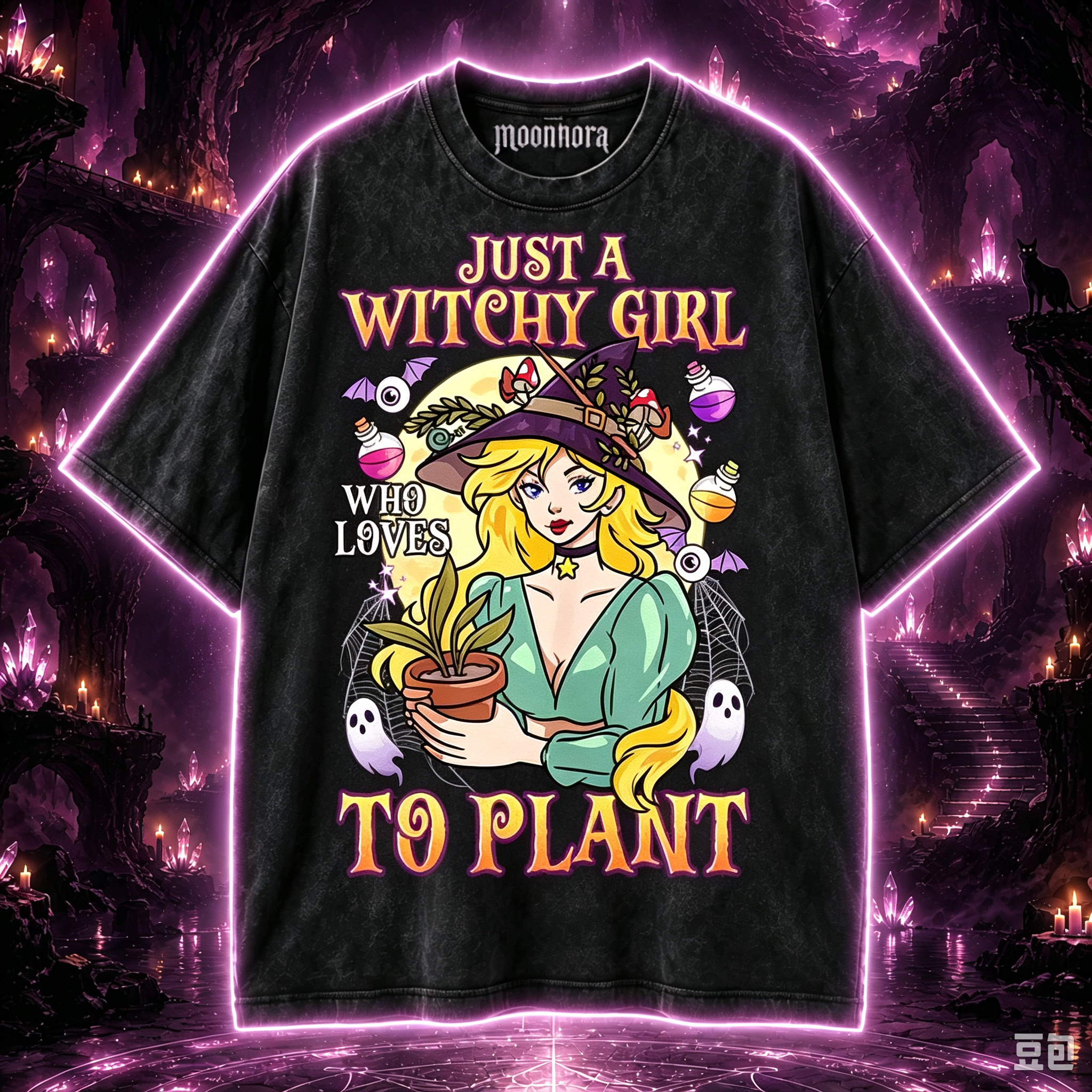 Moonnora Girl Who Loves To Plant Green Witch Gardening Washed T-Shirt