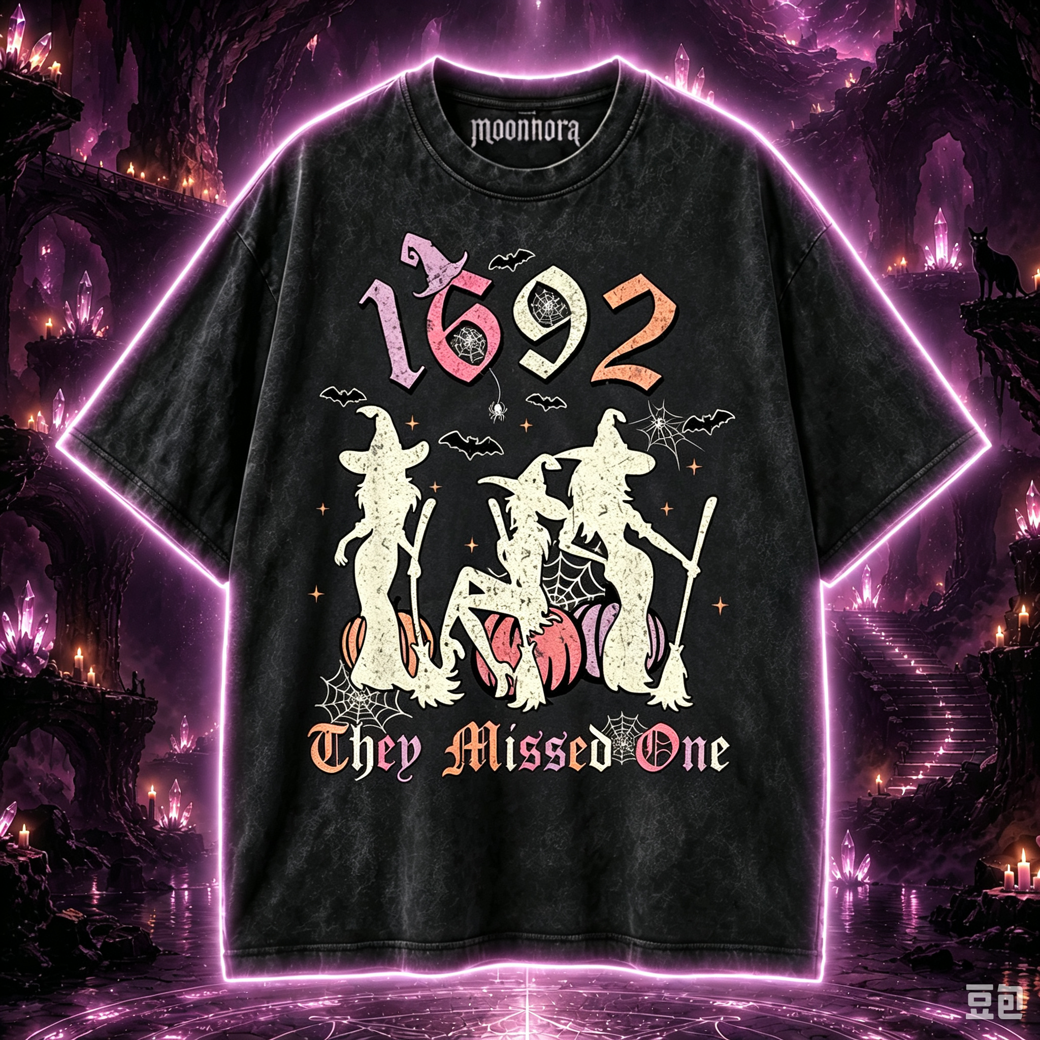 Moonnora Witch Halloween Dark Humor Salem 1692 Witches Missed One Washed T-Shirt