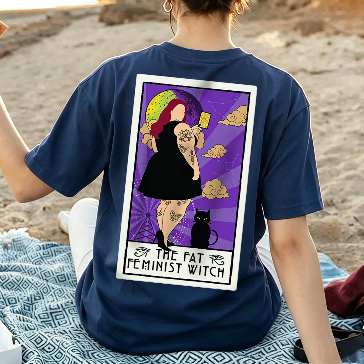 Moonnora Fat Feminist Witch Back Tarot Card On Comfort Colors Washed T-Shirt